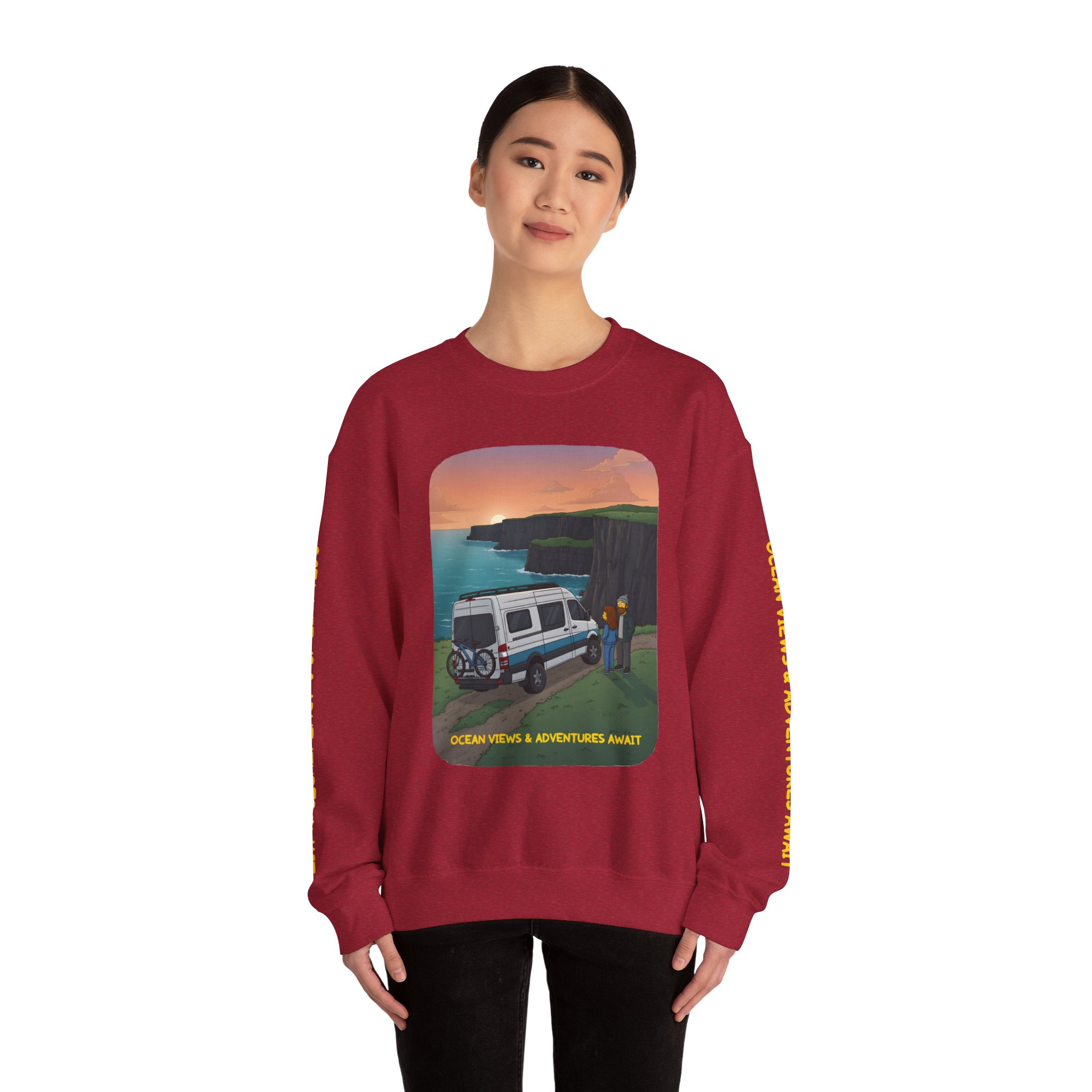 Unisex Heavy Blend™ Crewneck Sweatshirt — "Ocean Views-Adventures Awaits" Design Sitcom-Line