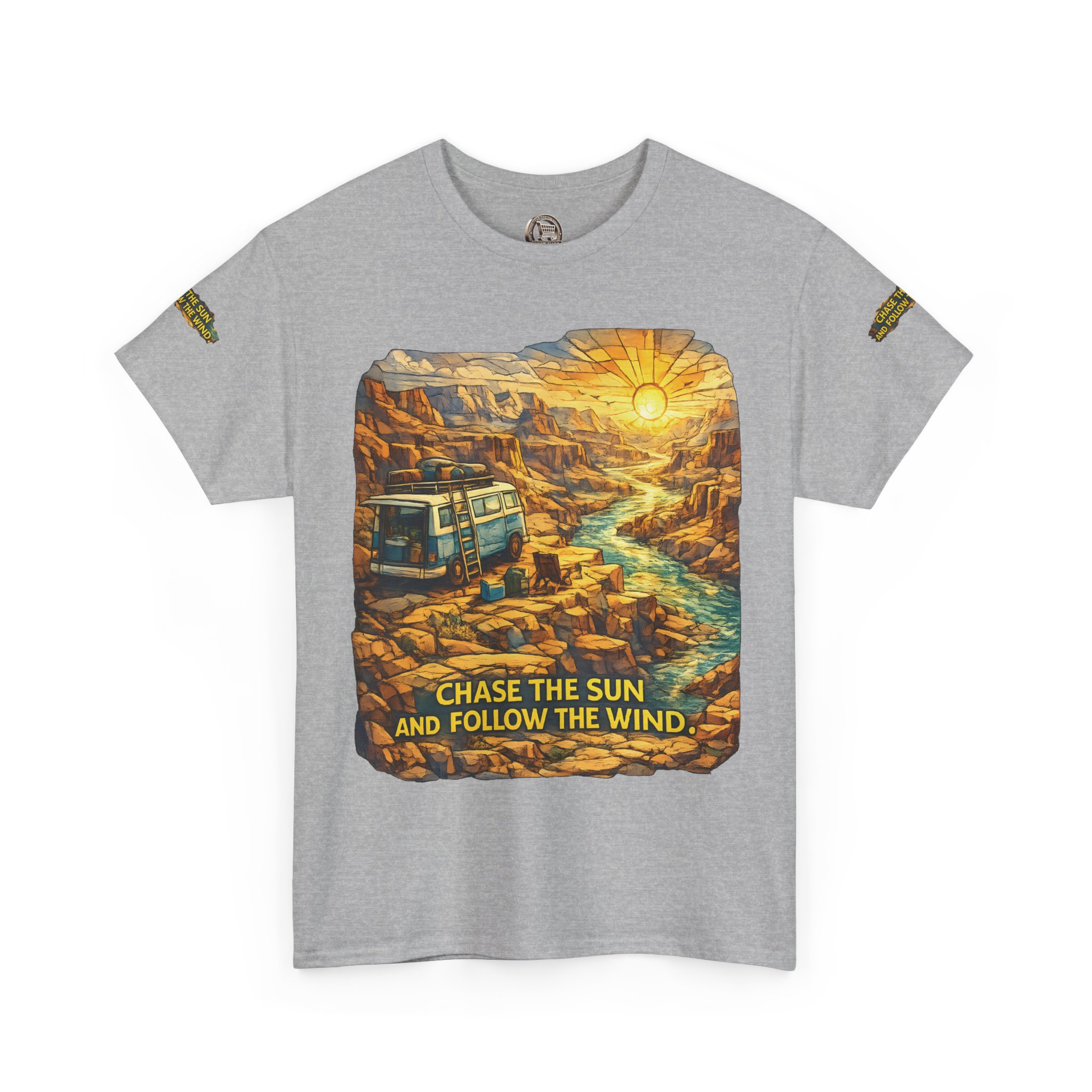5557960777360378920_2048.jpeg Unisex Heavy Cotton Tee — "Chase The Sun And Follow The Wind" Design Cubic-Line