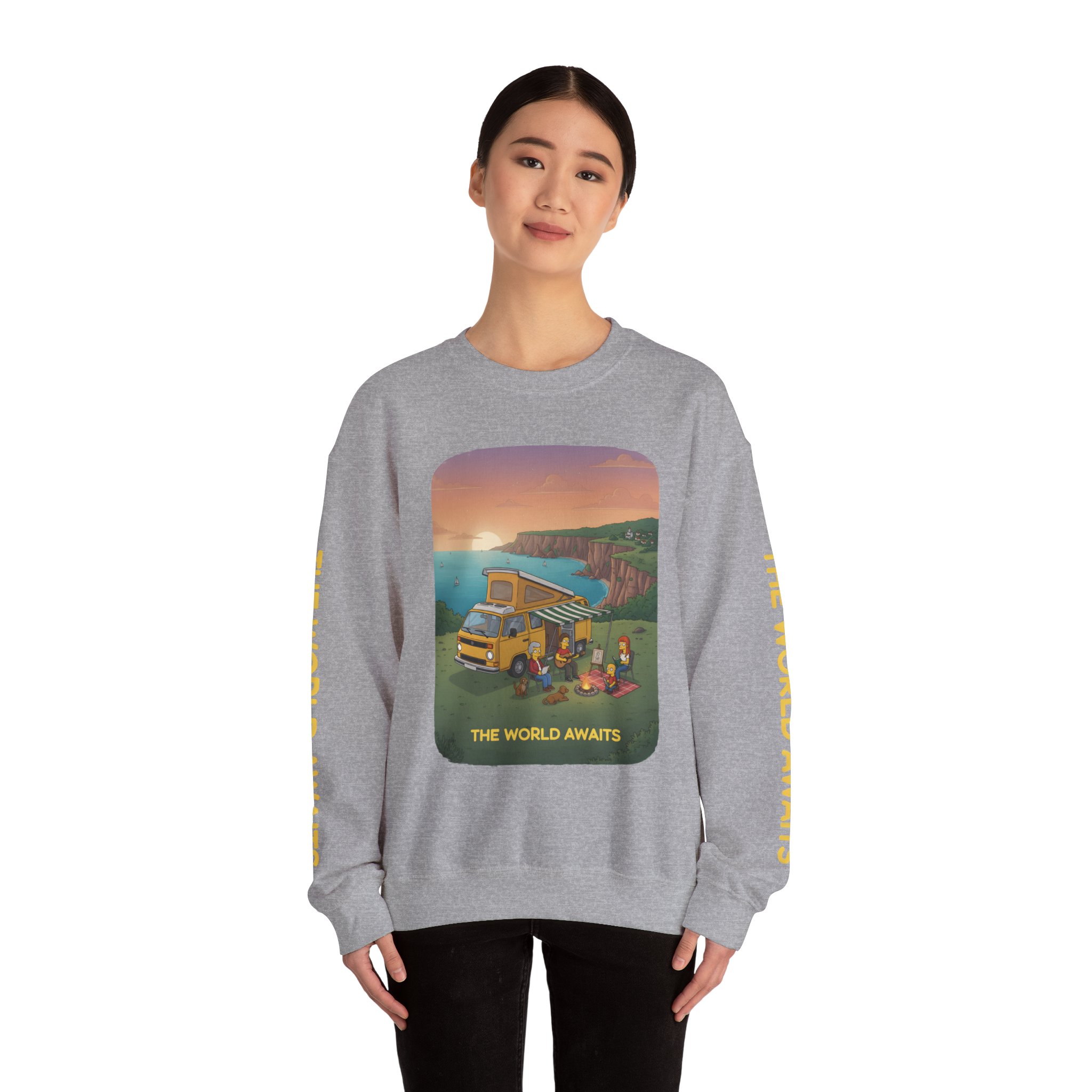 Unisex Heavy Blend™ Crewneck Sweatshirt — "The World Awaits" Design Sitcom-Line