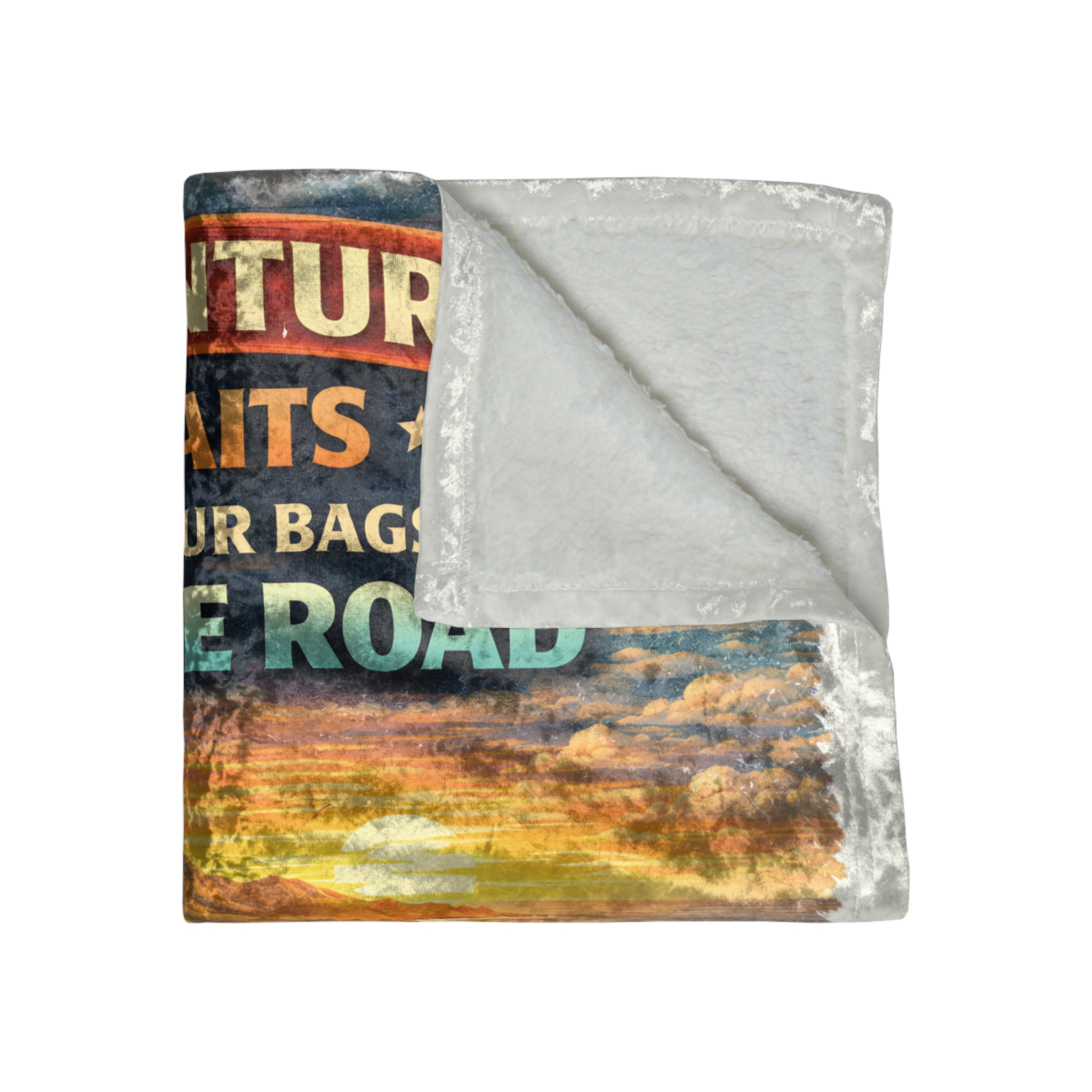 Crushed Velvet Blanket —"Adventure Awaits-Pack Your Bags" Design Scenic-Line (Campervan)