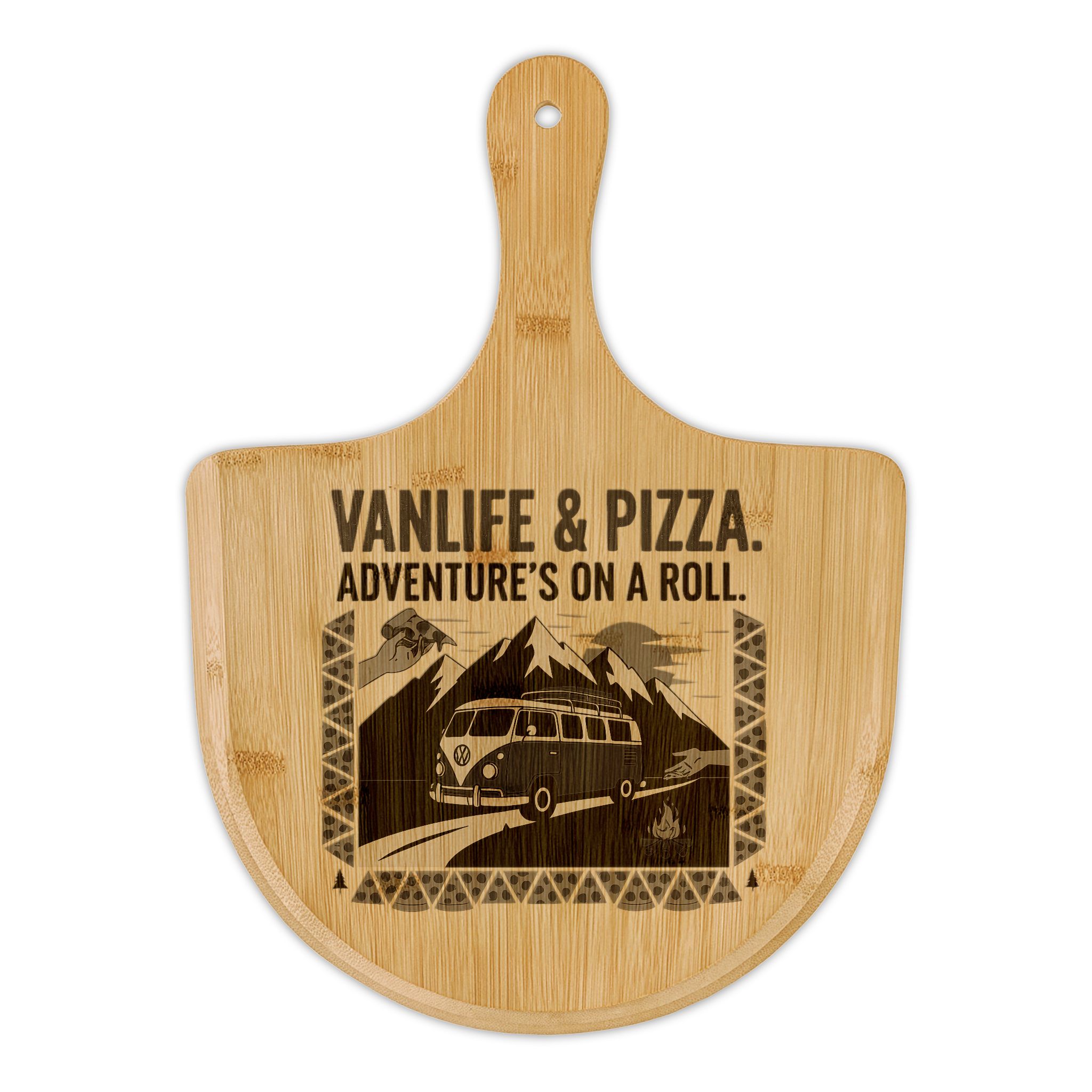 Bamboo Pizza Peel — Vanlife & Pizza Engraved Serving Board (“Adventure’s On A Roll”)