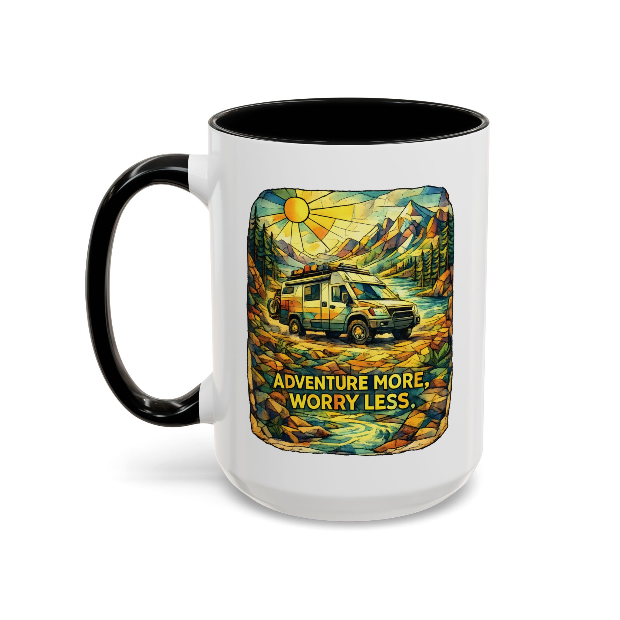 Accent Coffee Mug (11, 15oz) — "Adventure More Worry Less" Design Cubic-Line