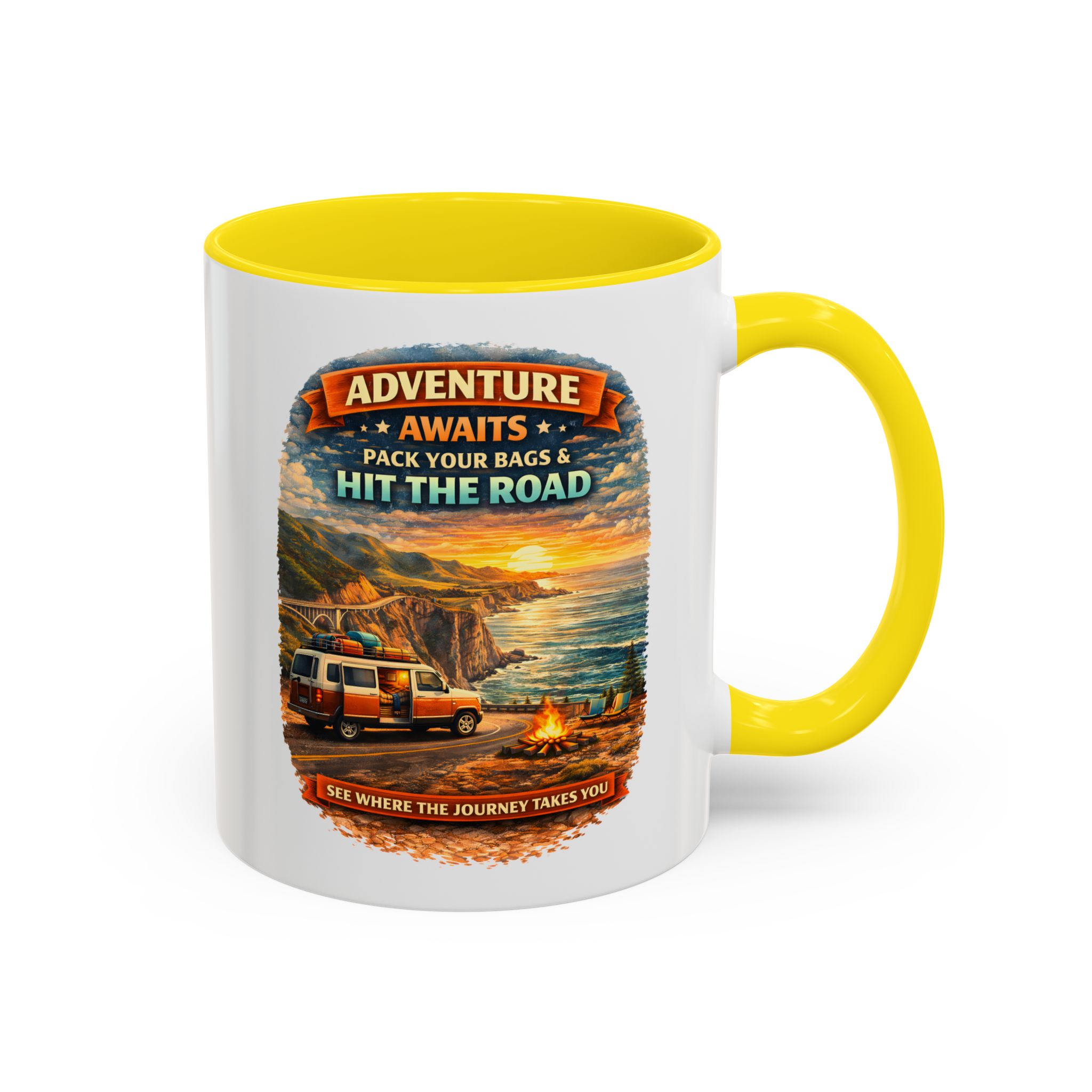 Accent Coffee Mug (11, 15oz) — "Adventure Awaits-Pack Your Bags" Design Scenic-Line