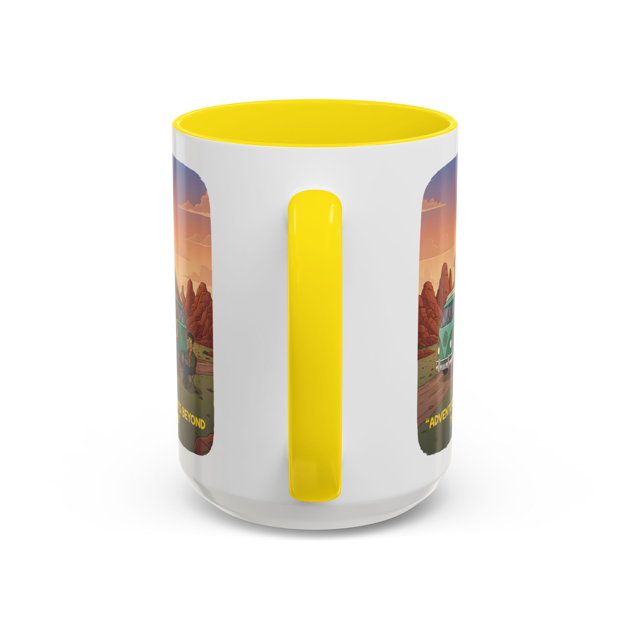 Accent Coffee Mug (11, 15oz) — "Adventure Awaits Beyond The Road" Design Sitcom-Line