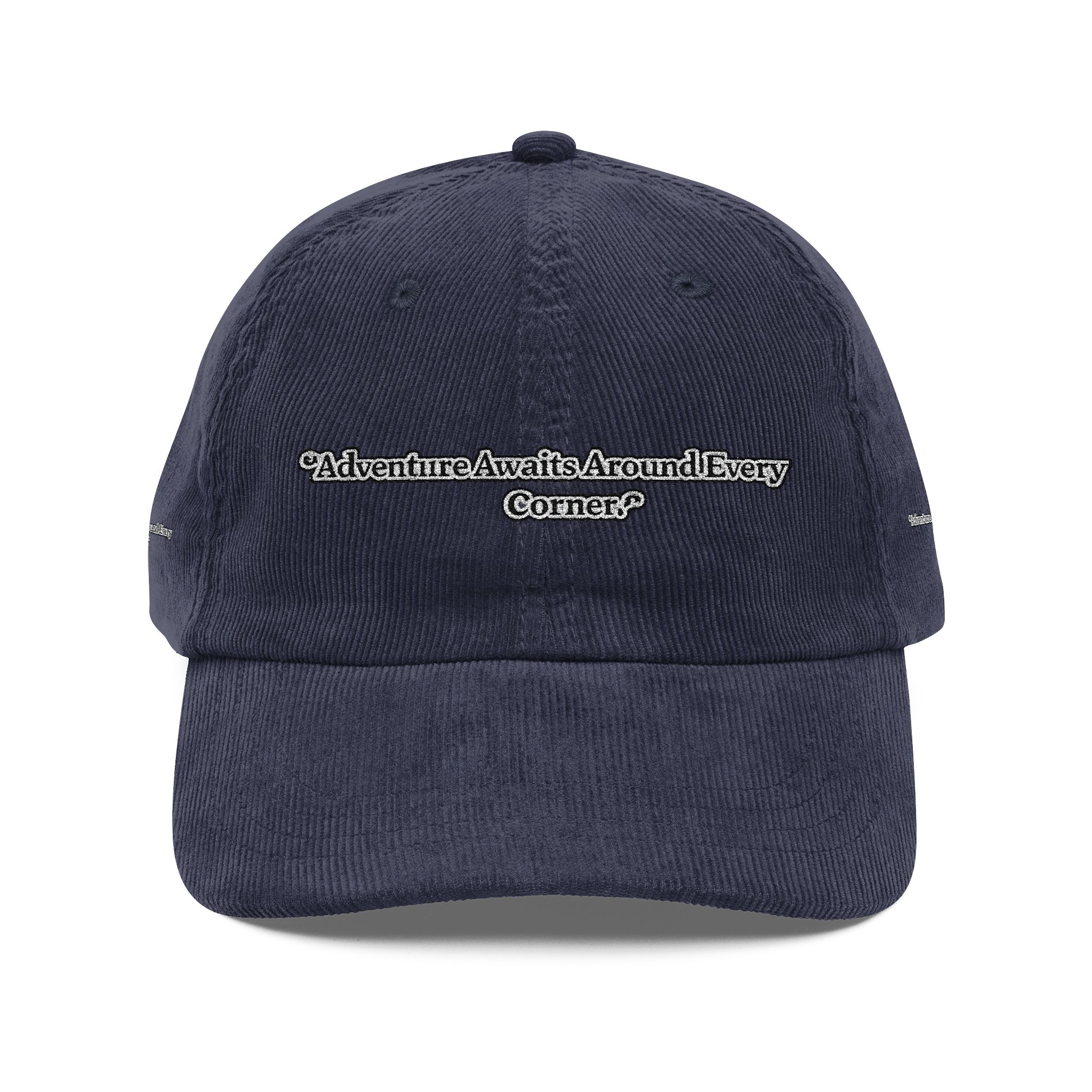 Vintage Corduroy Cap (Embroidery) — "Adventure Awaits Around Every Corner" Embroidered Hat