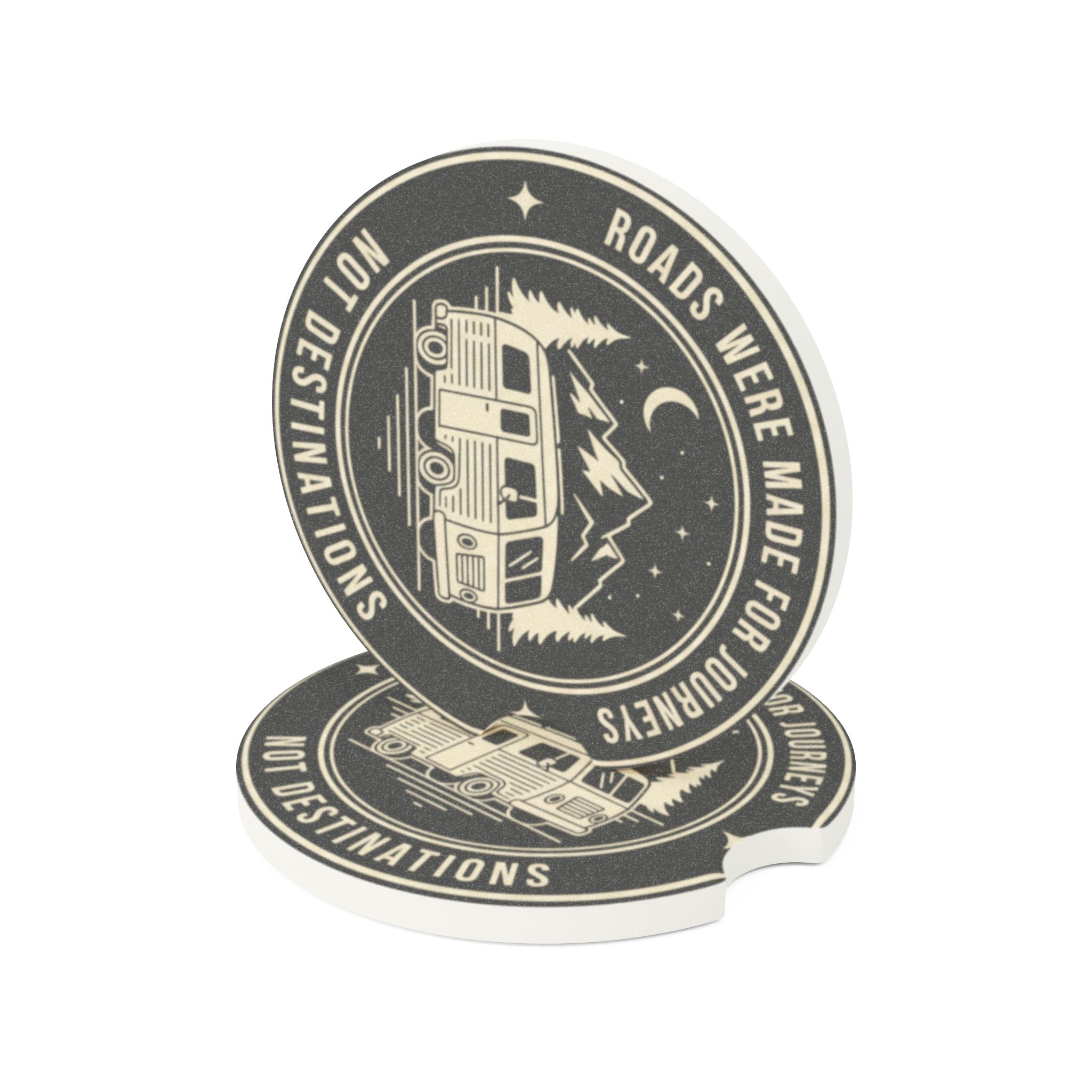 Soapstone Car Coaster — "Roads Were Made For Journeys" Van & Mountains Design