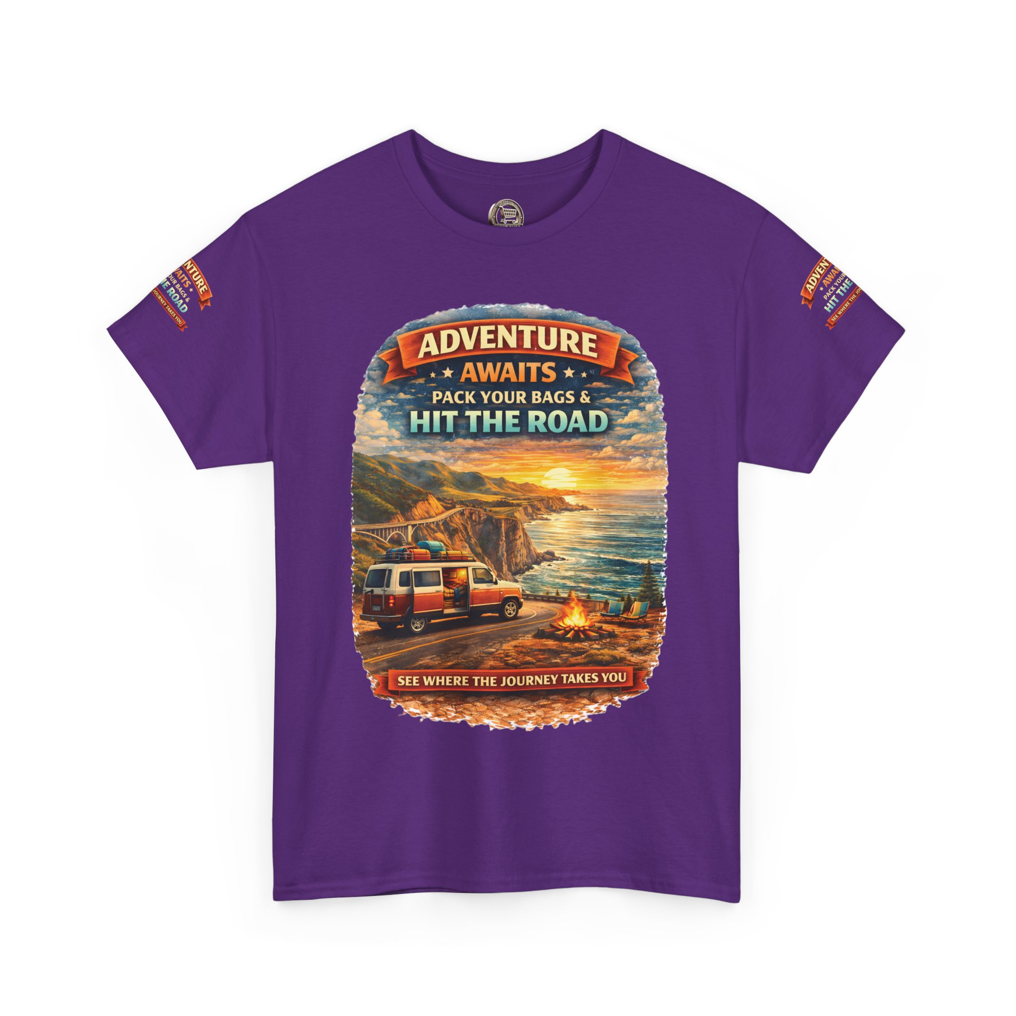 Unisex Heavy Cotton Tee — "Adventure Awaits-Pack Your Bags" Design Scenic-Line