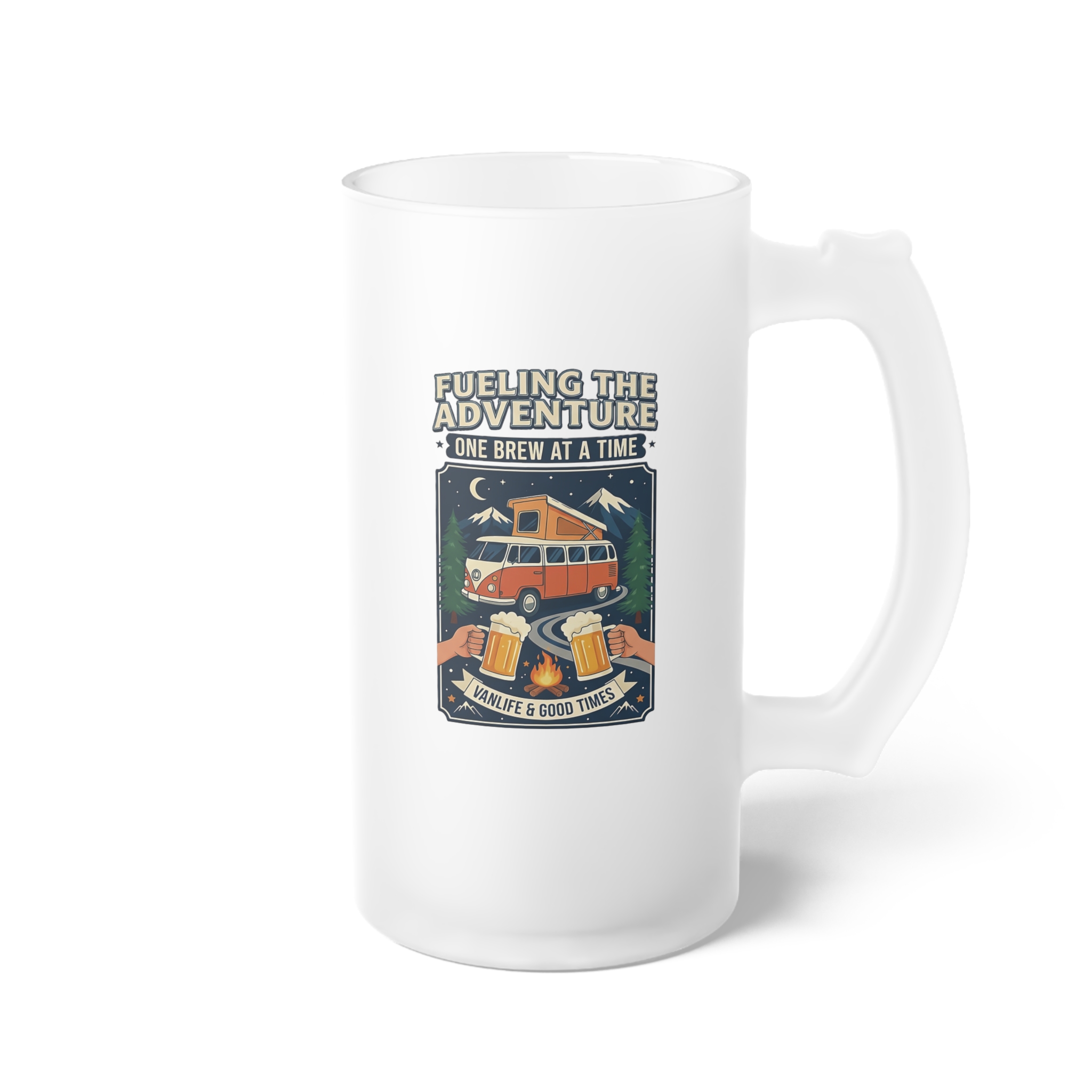 Frosted Glass Beer Mug — "Feuling the adventure" Retro Cabin Adventure Design