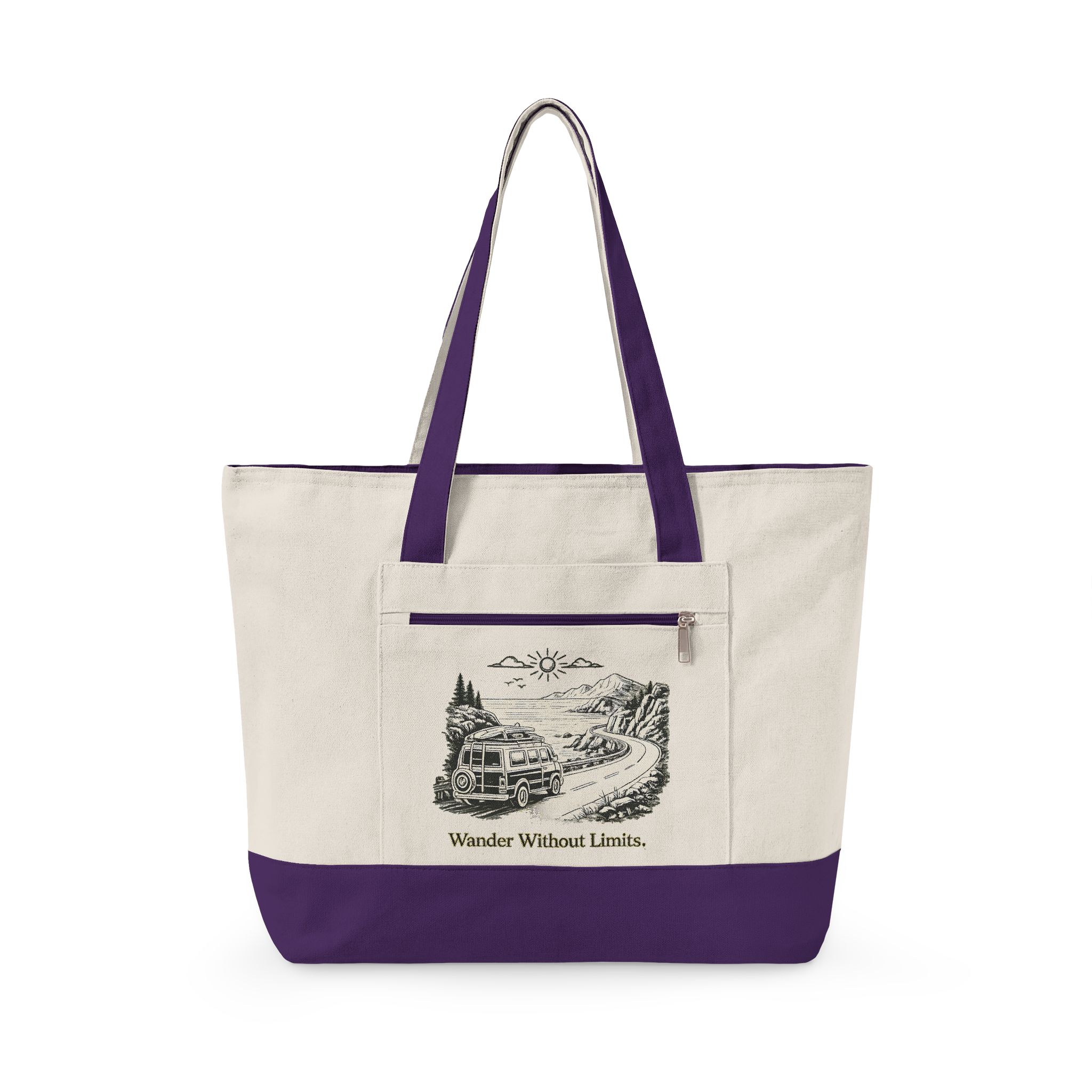 Zippered Canvas Tote — "Wander Whitout Limits" (Design Minimal-Line)