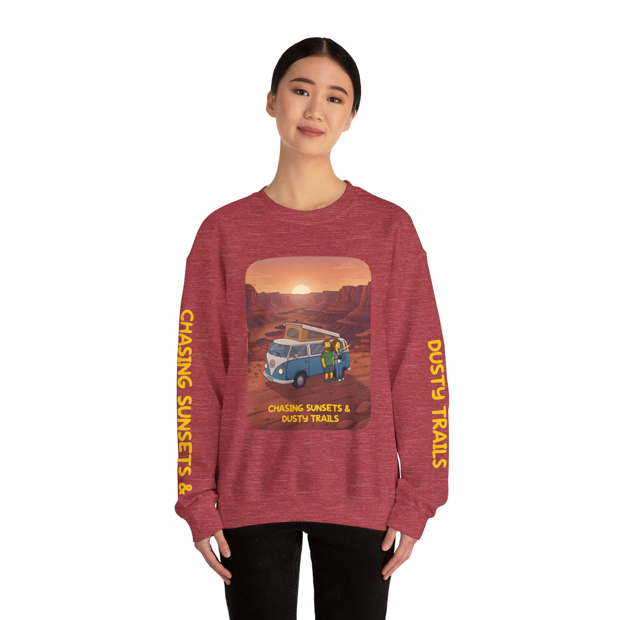 Unisex Heavy Blend™ Crewneck Sweatshirt — "Chasing Sunsets And Dusty Trails" Design Sitcom-Line