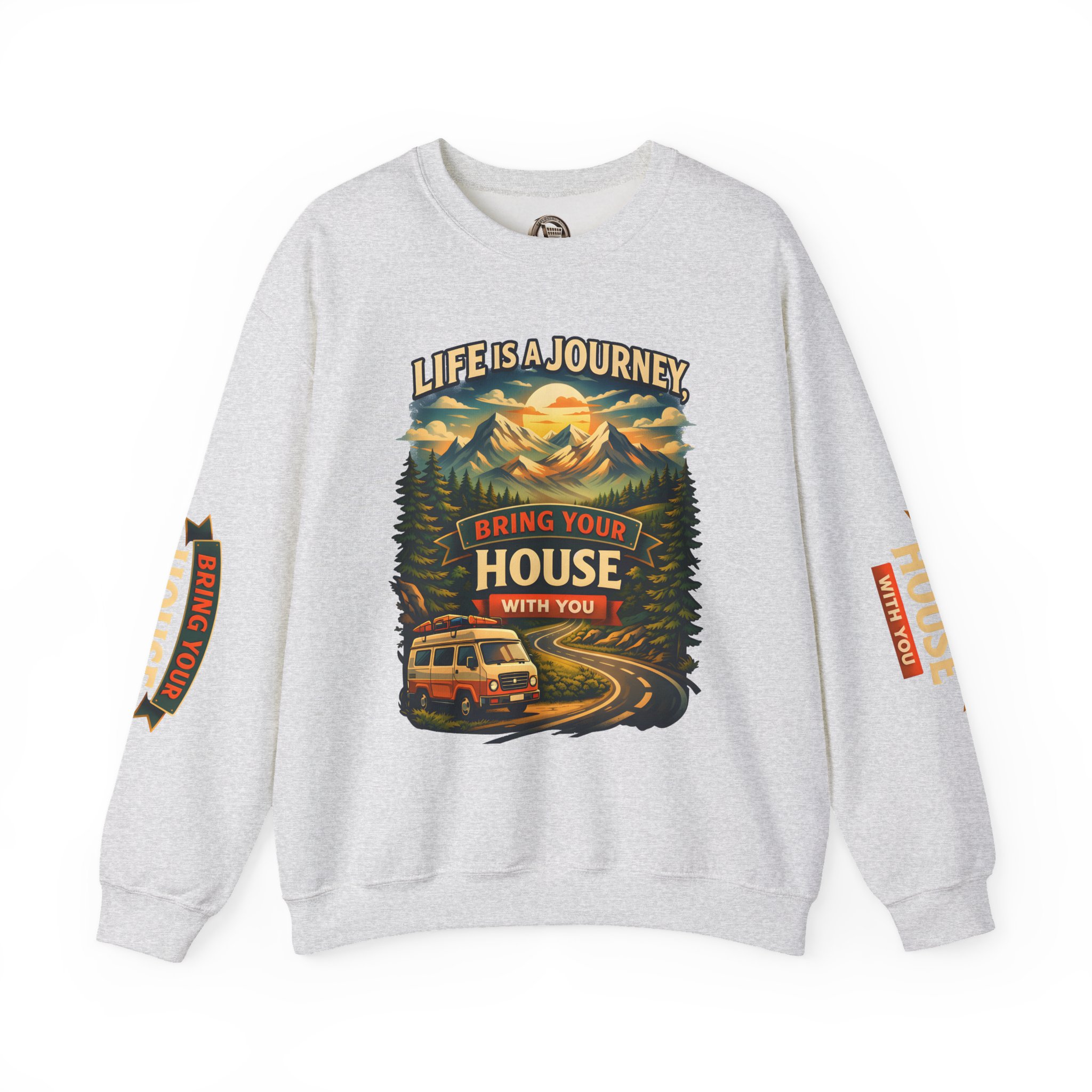 Unisex Heavy Blend™ Crewneck Sweatshirt — "Live Is A Journey-Bring Your House With You" Design Scenic-Line