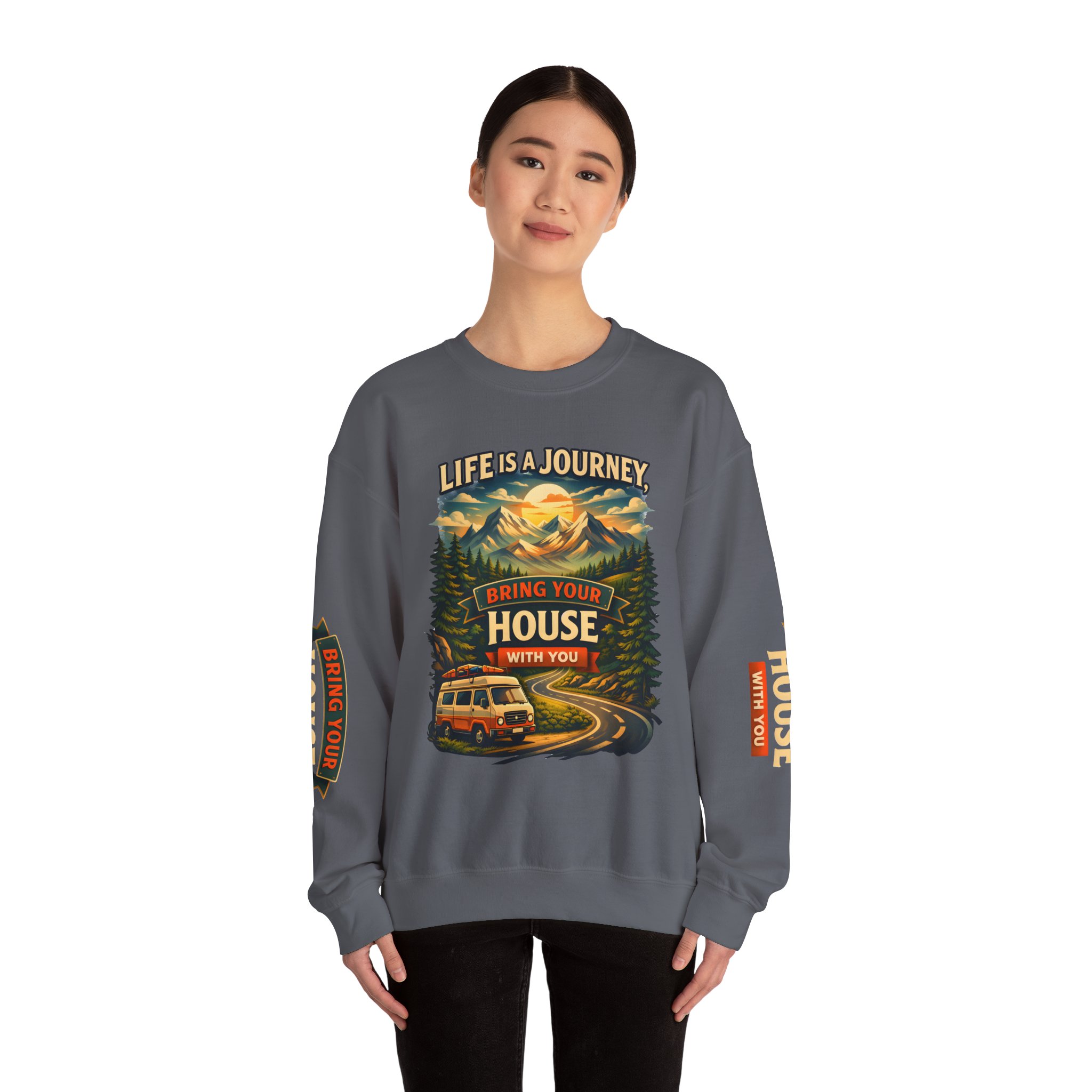 Unisex Heavy Blend™ Crewneck Sweatshirt — "Live Is A Journey-Bring Your House With You" Design Scenic-Line