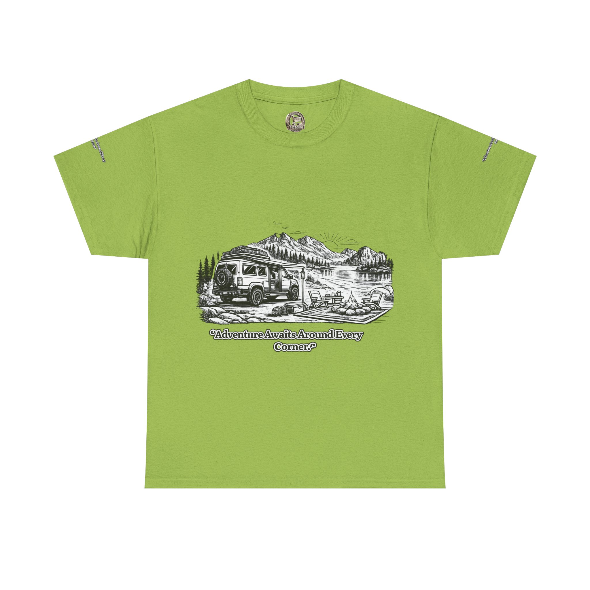 Unisex Heavy Cotton Tee — "Adventure Awaits Around Every Corner" Design Minimal-Line