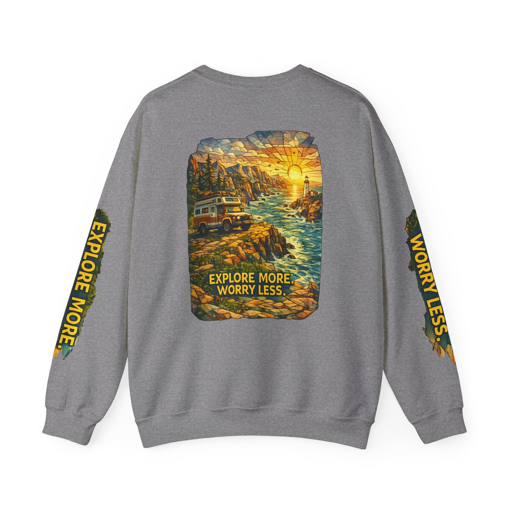 Unisex Heavy Blend™ Crewneck Sweatshirt — "Explore More Worry Less" Design Cubic-Line