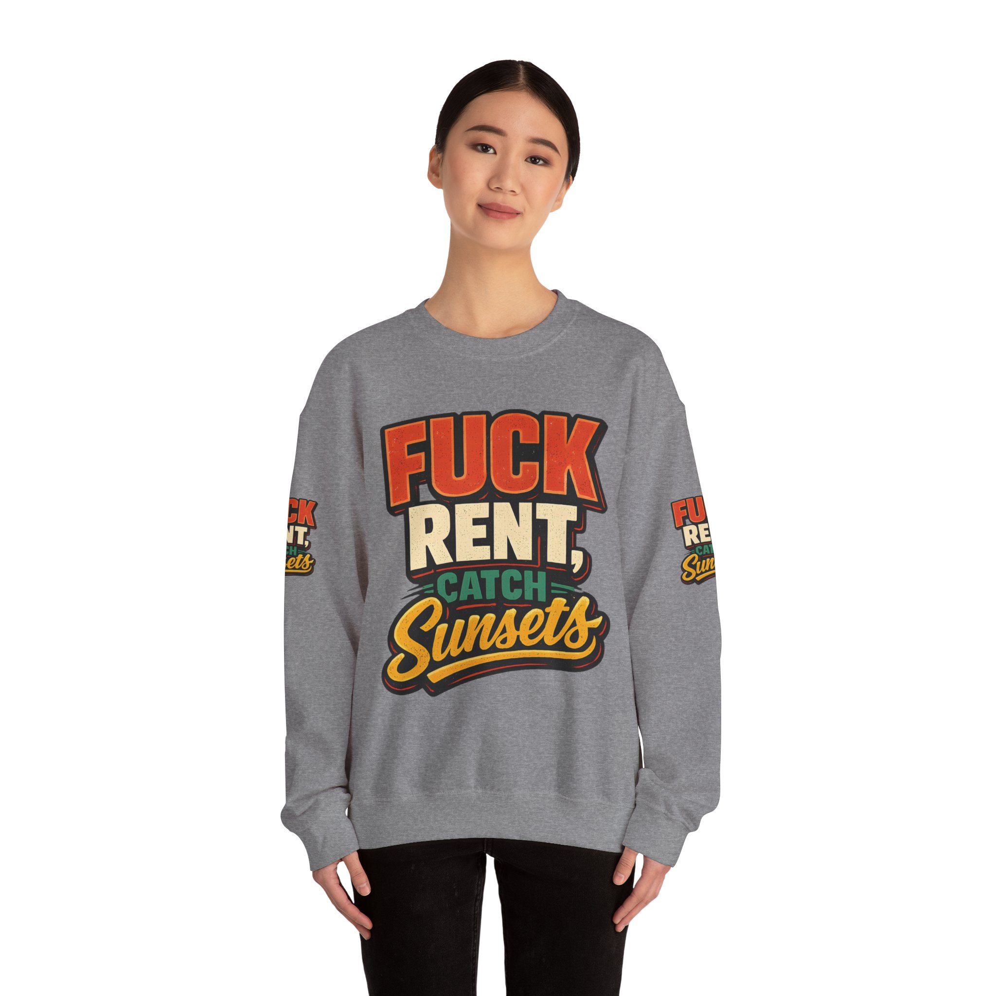 5656463497025213742_2048.jpeg Unisex Heavy Blend™ Crewneck Sweatshirt — "Fuck Rent Catch Sunsets" Design F**K-Line
