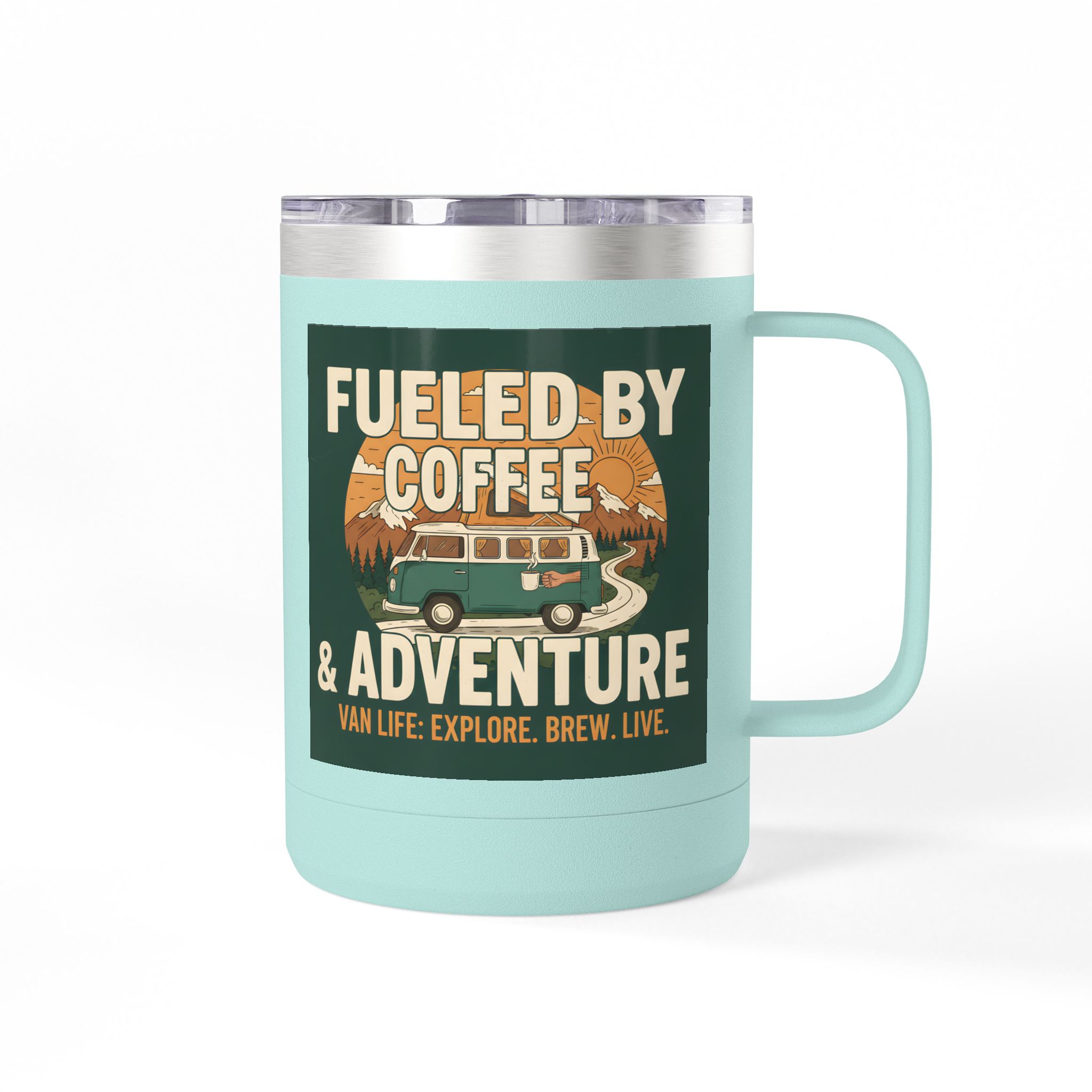 Coffee Mug Tumbler, 15oz — "Fueled by Coffee & Adventure"