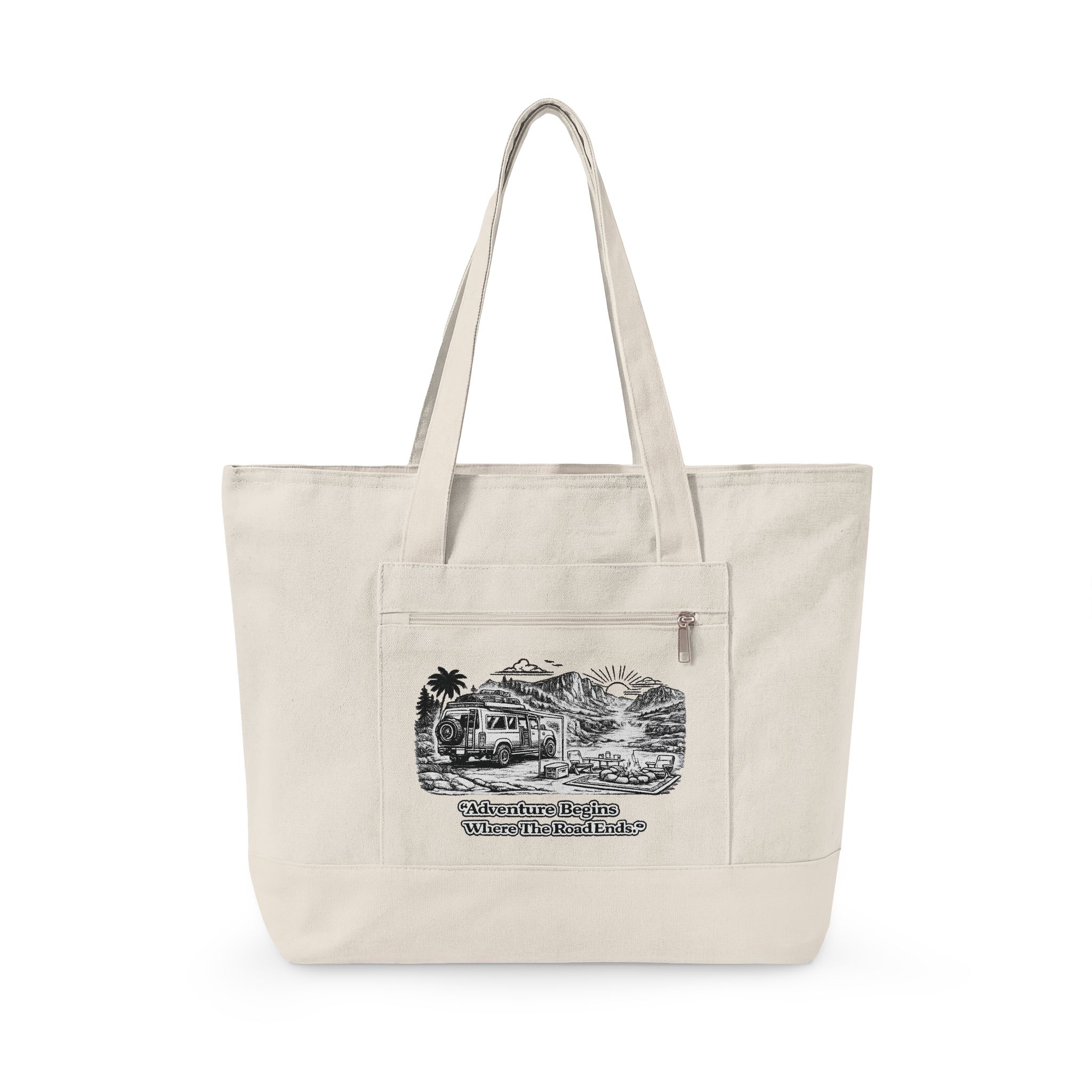 5665212169059742547_2048.jpeg Zippered Canvas Tote — "Adventure Begins Where the Road Ends" (Design Minimal-Line)