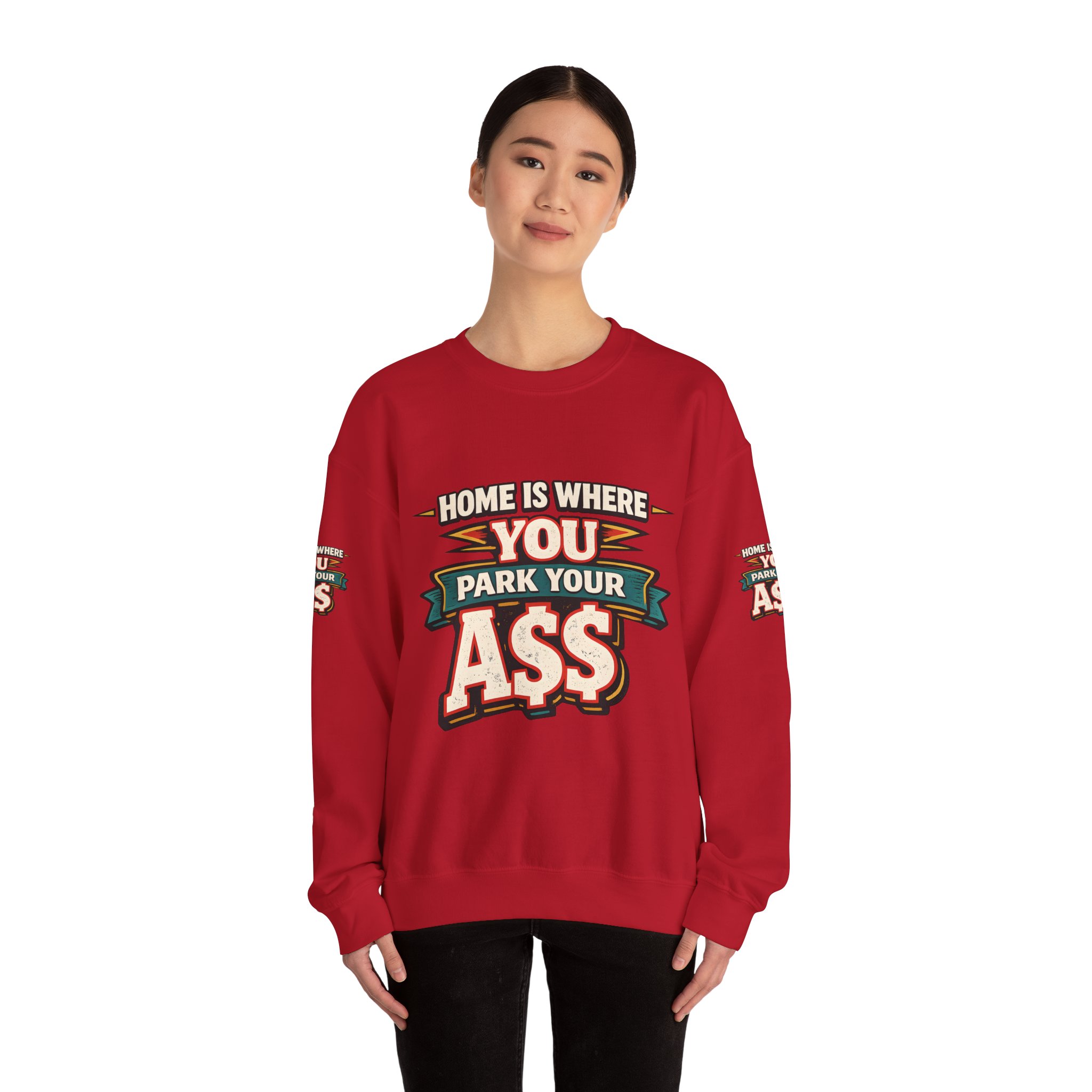 Unisex Heavy Blend™ Crewneck Sweatshirt — "Home Is Where You Park Your Ass" Design F**K-Line
