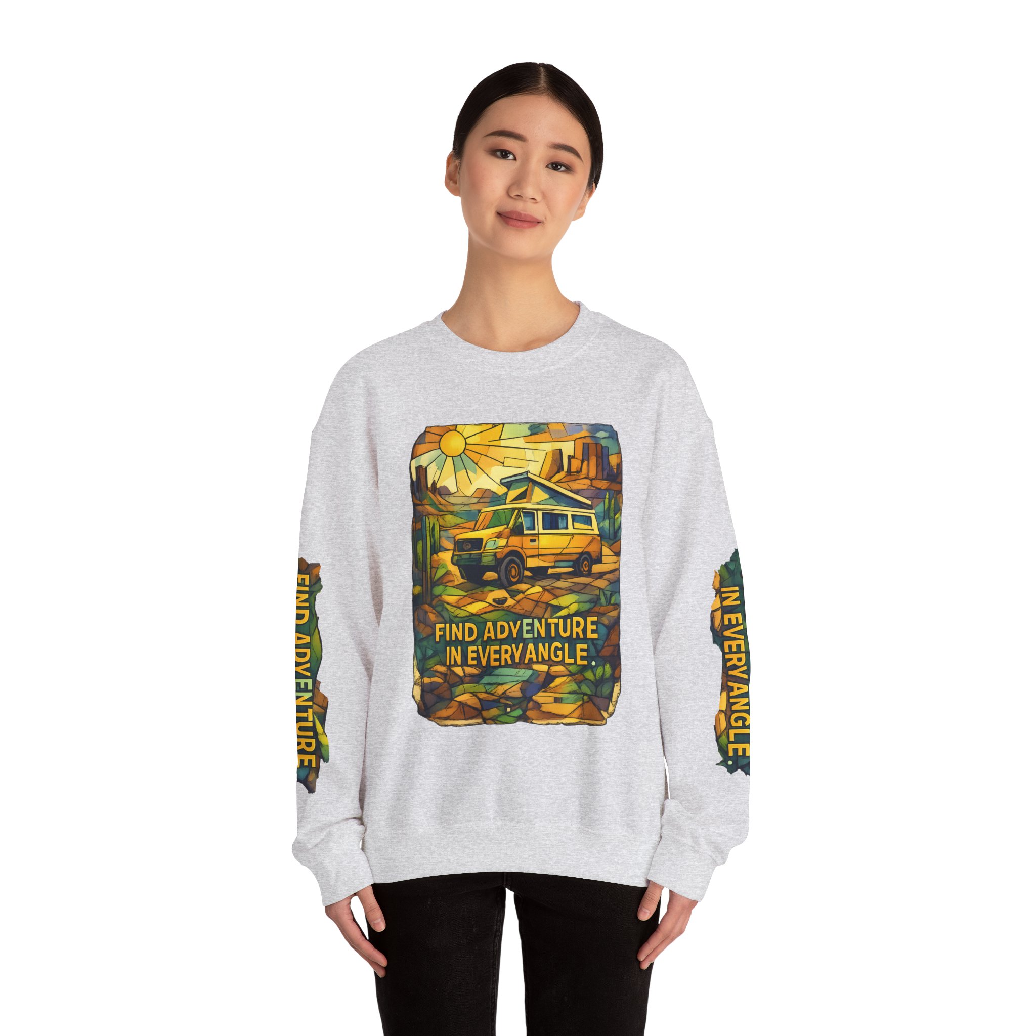 Unisex Heavy Blend™ Crewneck Sweatshirt — "Find Adventure In Every Corner" Design Cubic-Line