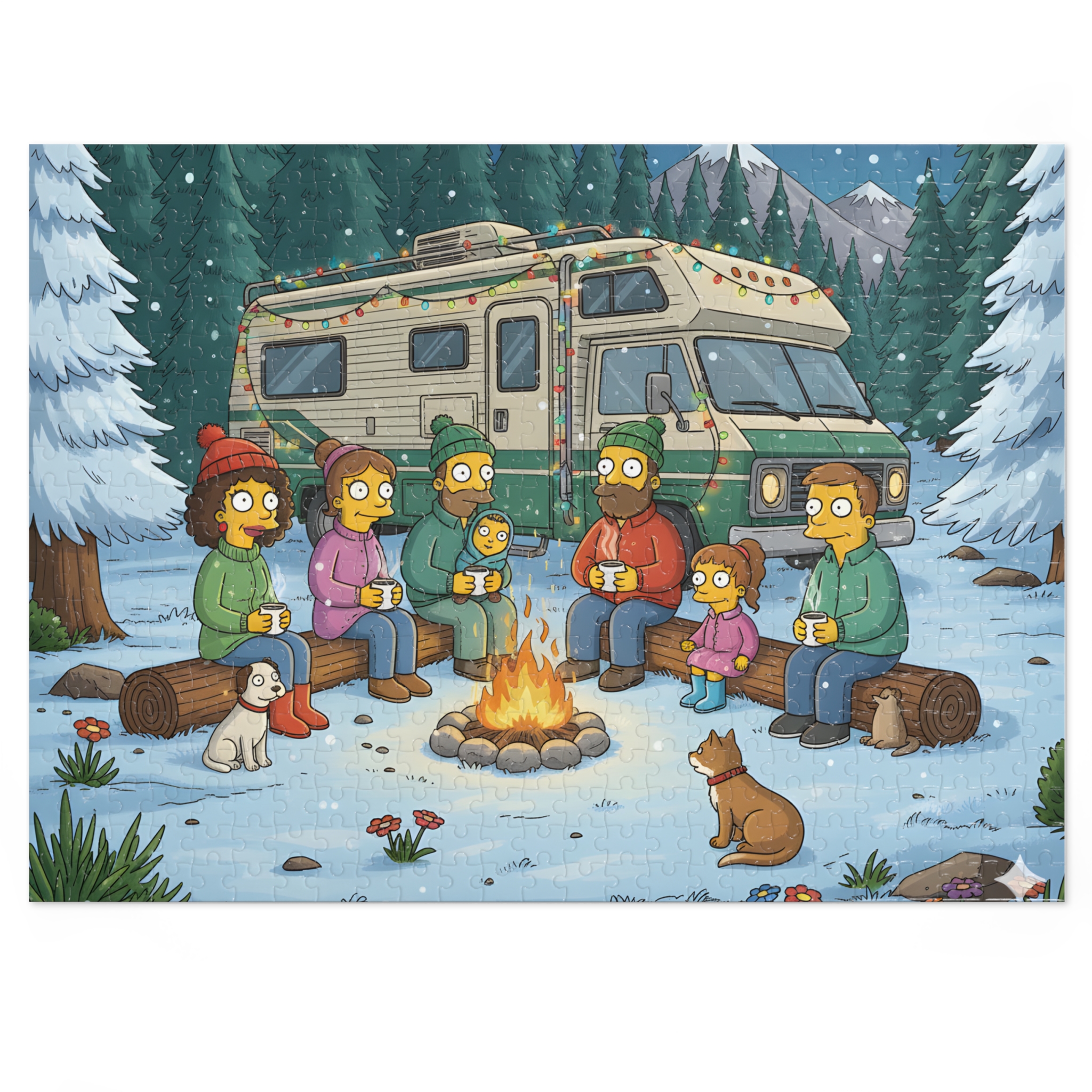 Jigsaw Puzzle with Tin — Cozy RV Winter Scene with Campfire