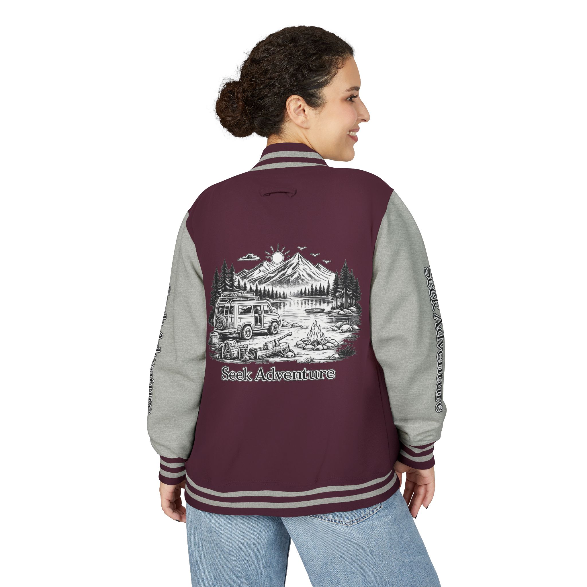 5688424305296113687_2048-2.jpeg Unisex Heavyweight Letterman Jacket — "Seek Adventure" Travel Varsity Coat