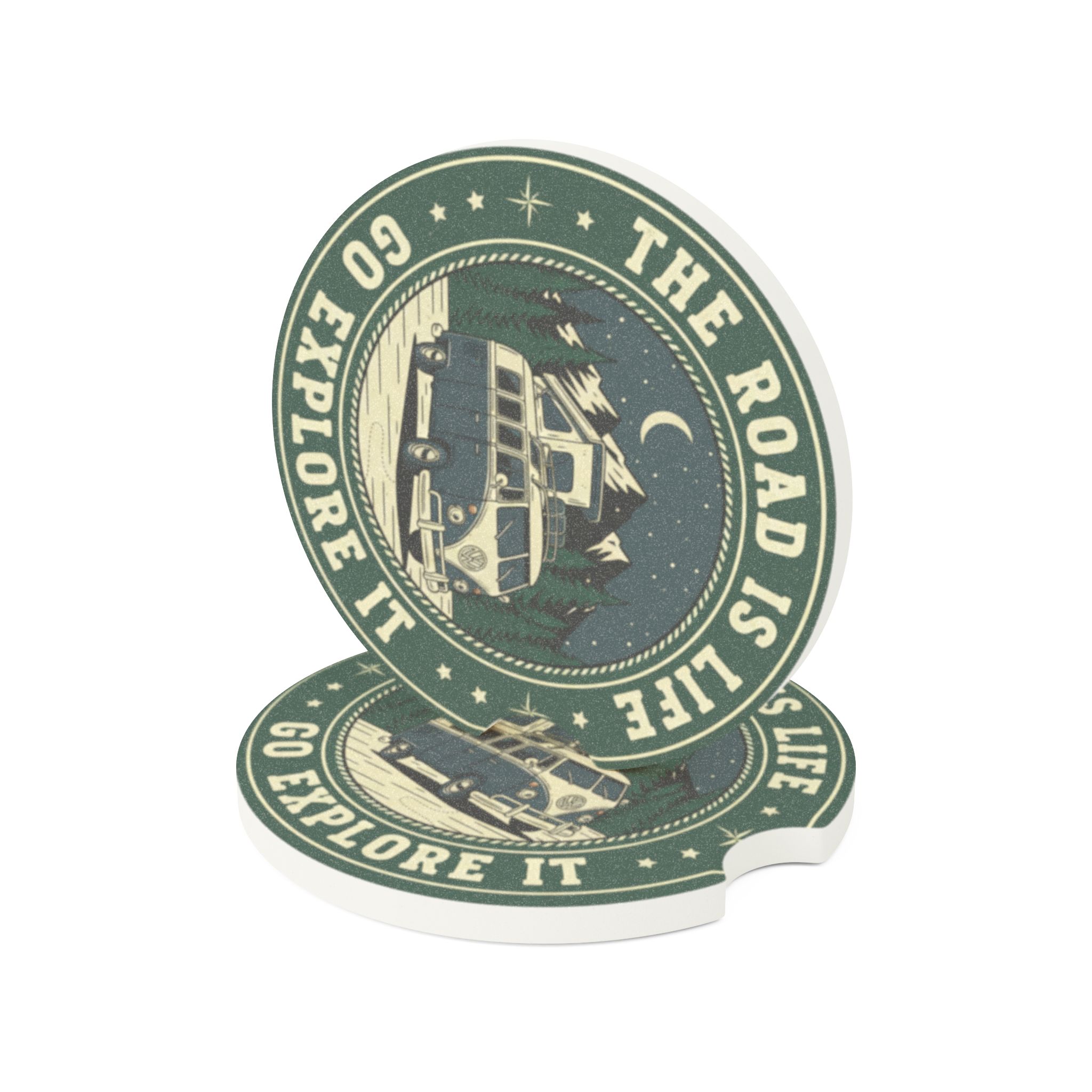 Soapstone Car Coaster - 'The Road Is Life' Vintage Camper Design