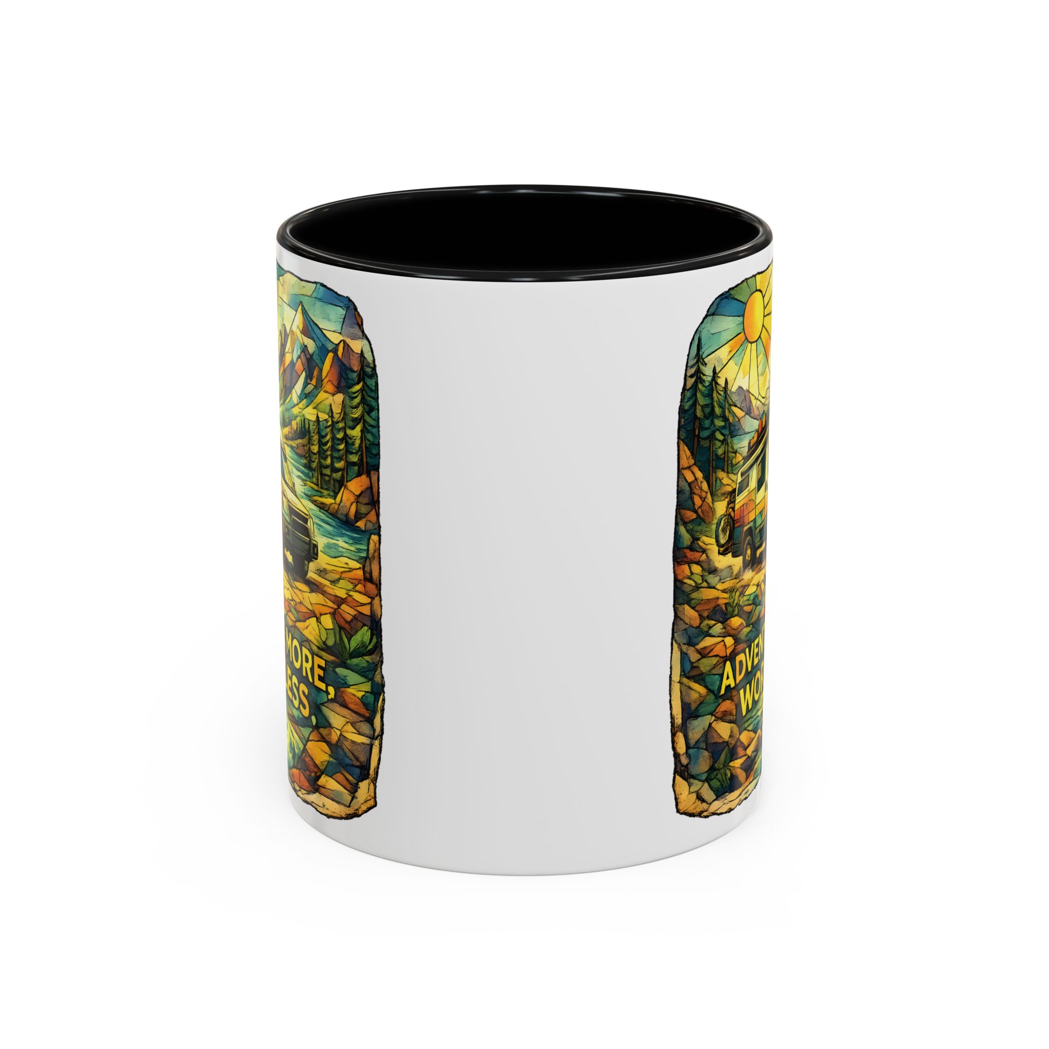 Accent Coffee Mug (11, 15oz) — "Adventure More Worry Less" Design Cubic-Line