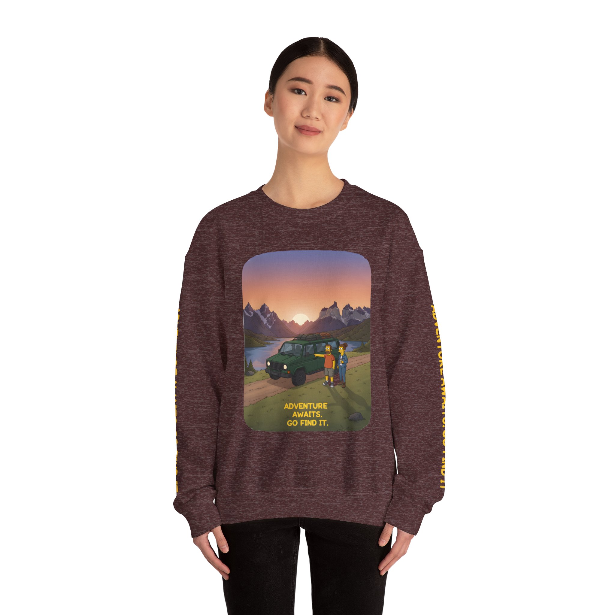 Unisex Heavy Blend™ Crewneck Sweatshirt — "Adventure Awaits-Go Find It" Design Sitcom-Line
