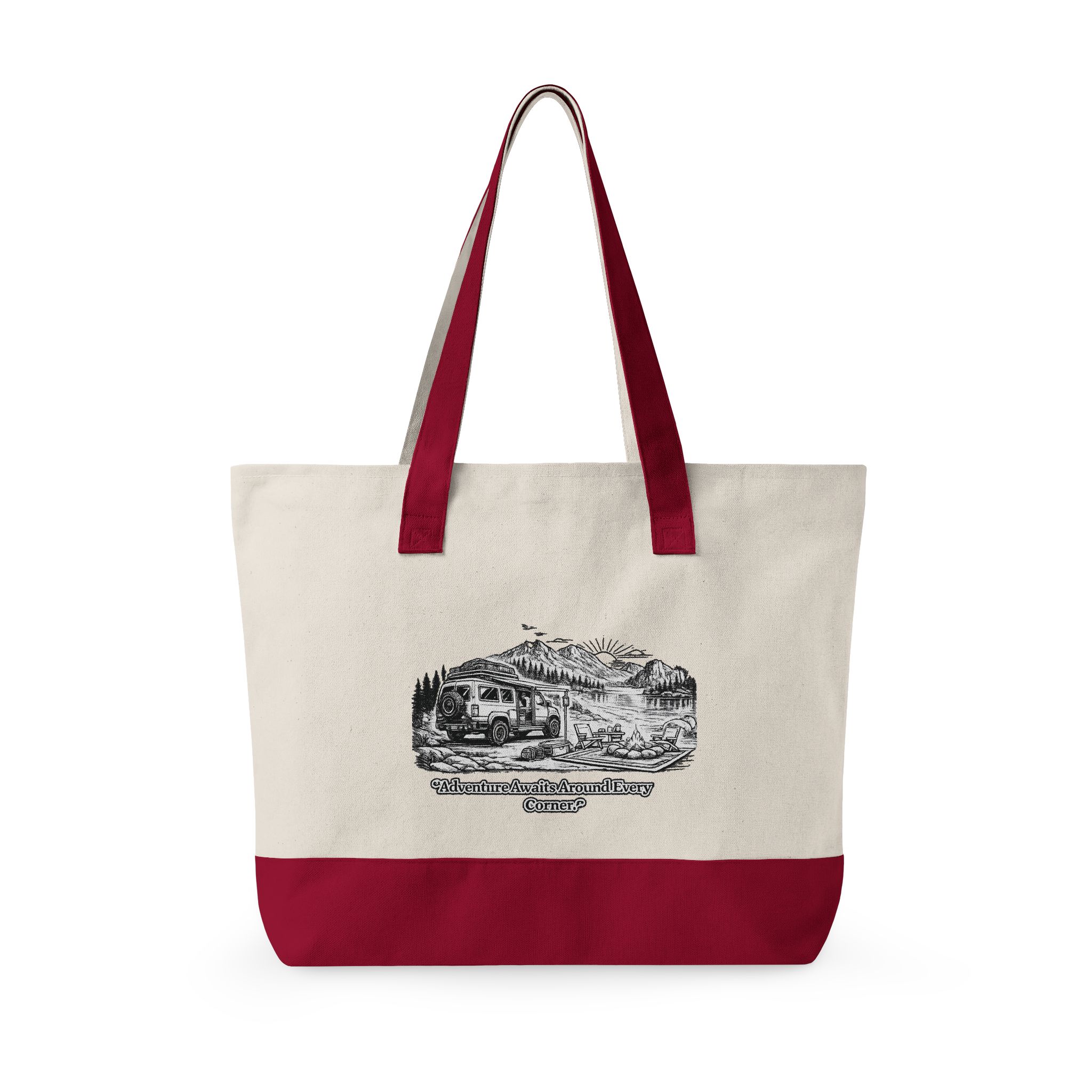 Zippered Canvas Tote — "Adventure Awaits Around Every Corner" (Design Minimal-Line)