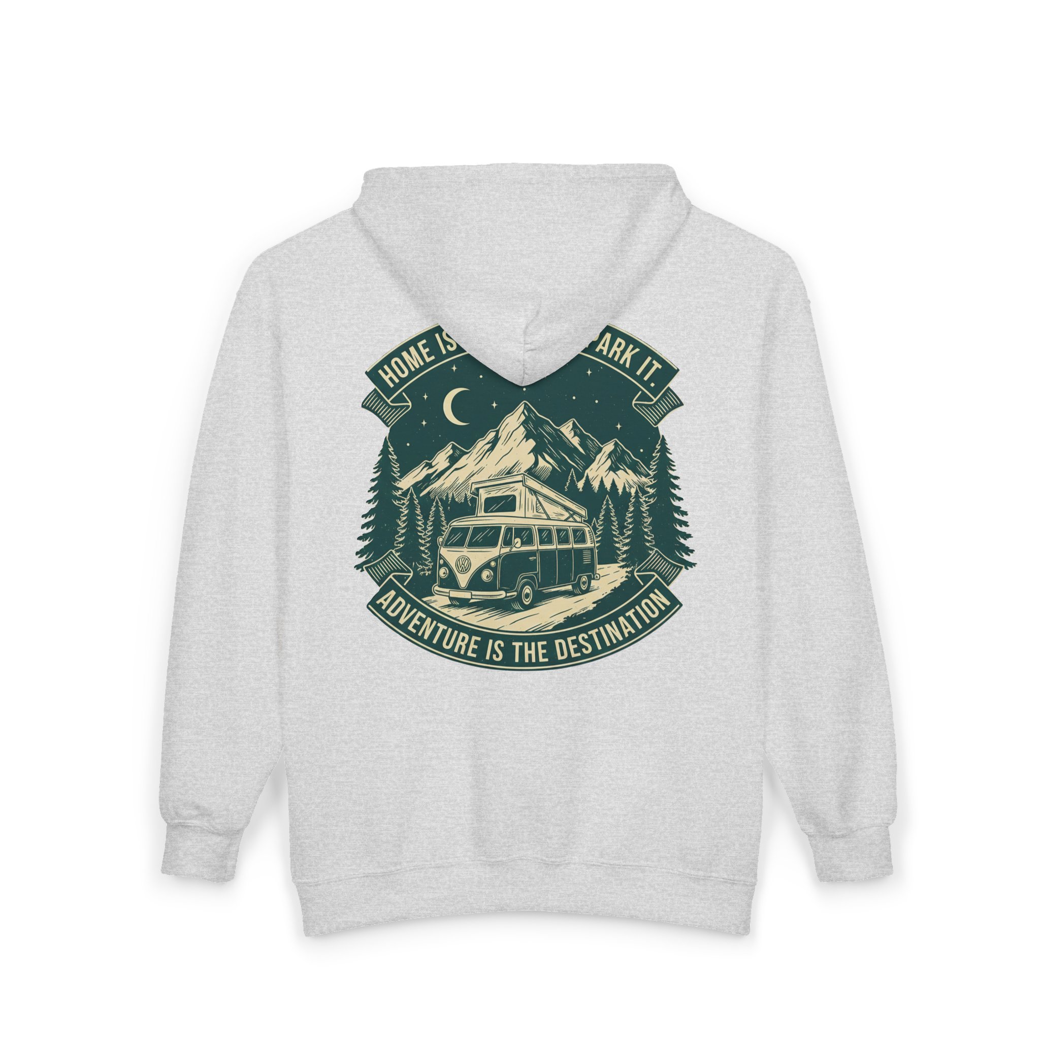 5705569783793254904_2048.jpeg Zip Hoodie — "Home Is Where You Park It-Adventure is the destination"(Front + Back Printed) Camper Van Adventure Zip-Up