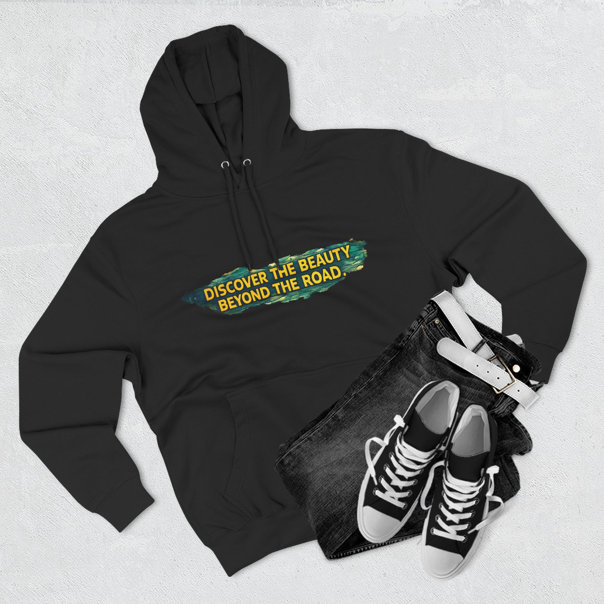 Three-Panel Fleece Hoodie - "Discover The Bieuty Beyond The Road" Design Cubic-Line