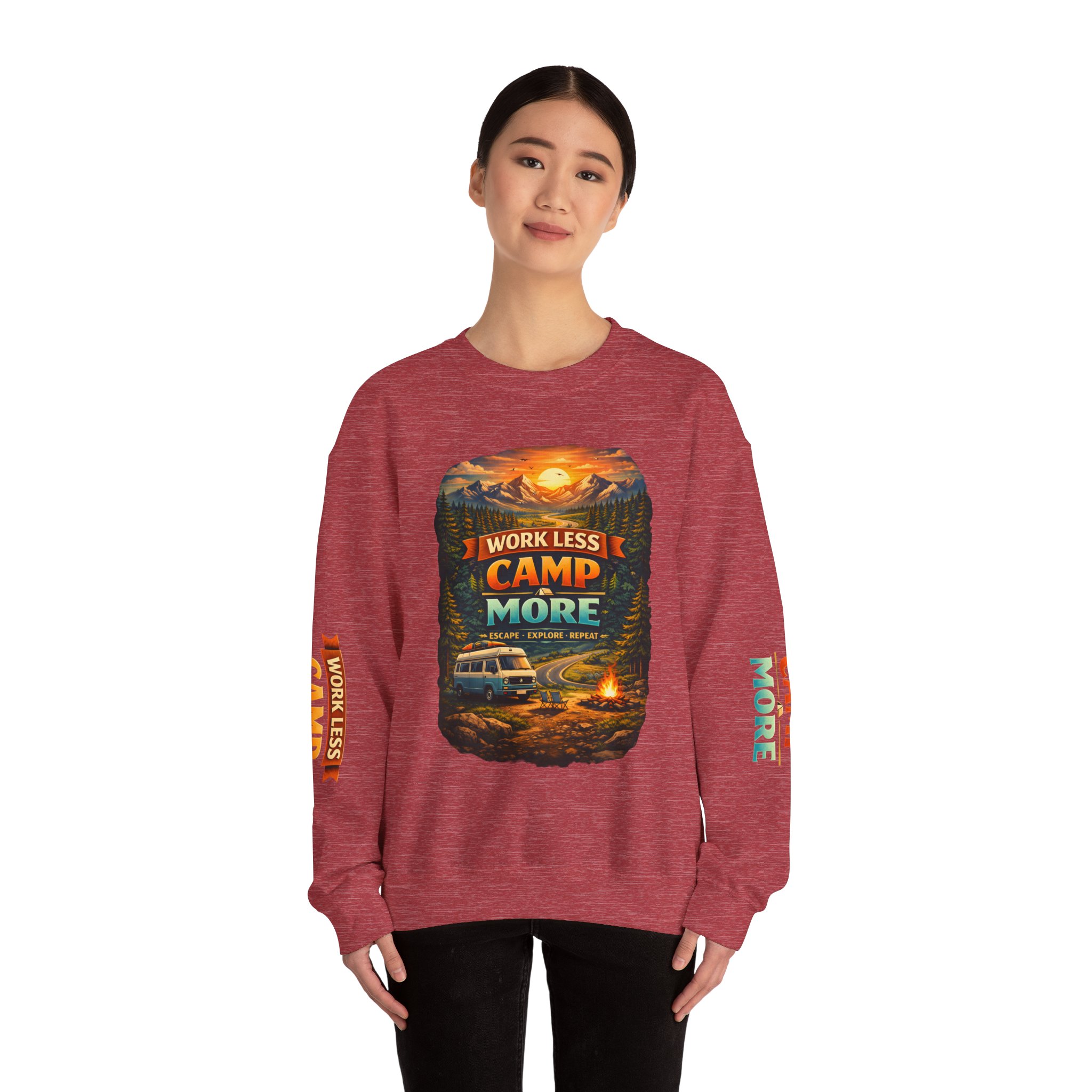 Unisex Heavy Blend™ Crewneck Sweatshirt — "Work Less-Camp More" Design Scenic-Line