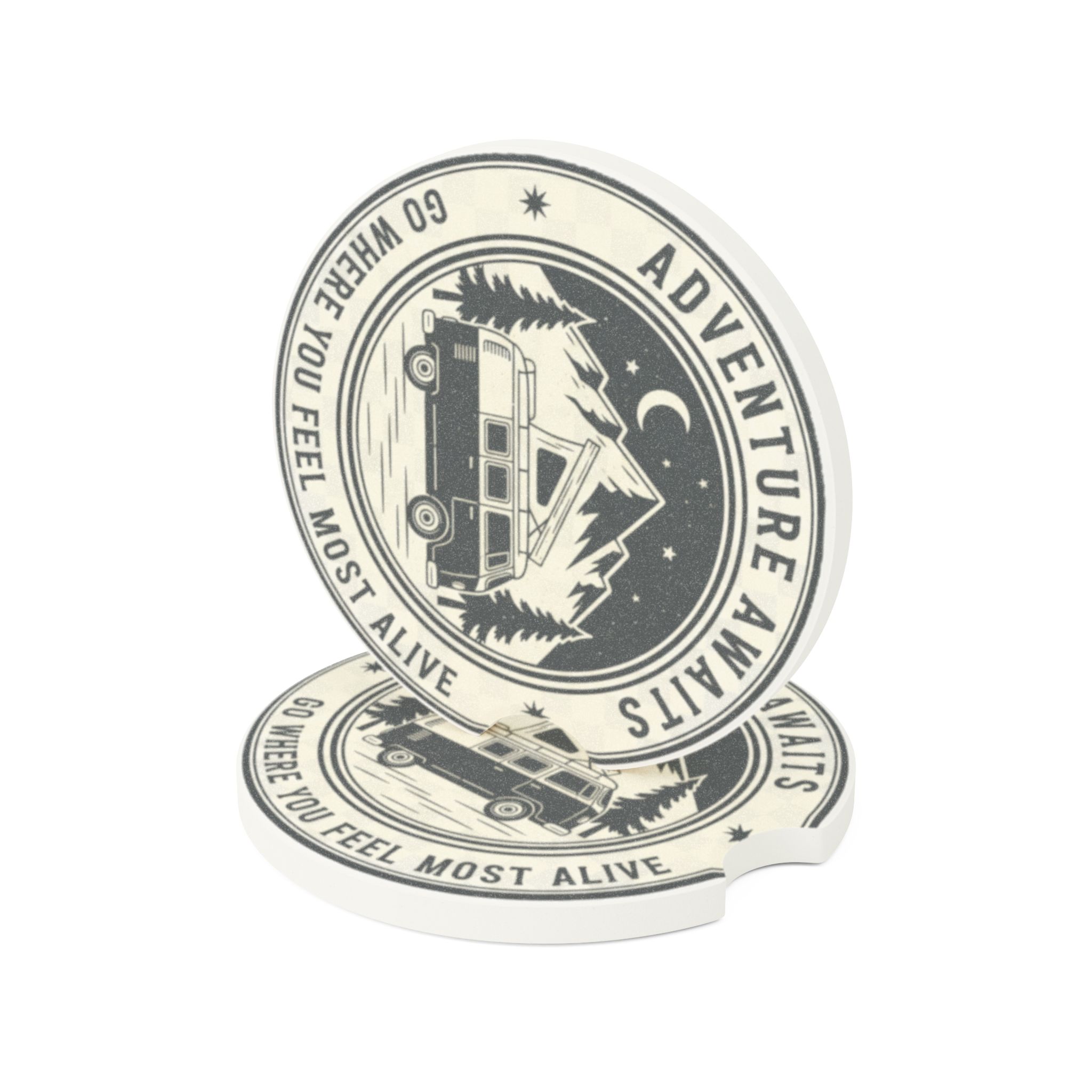 Soapstone Car Coaster — 'Go Where You Feel Most Alive' Travel Van Design