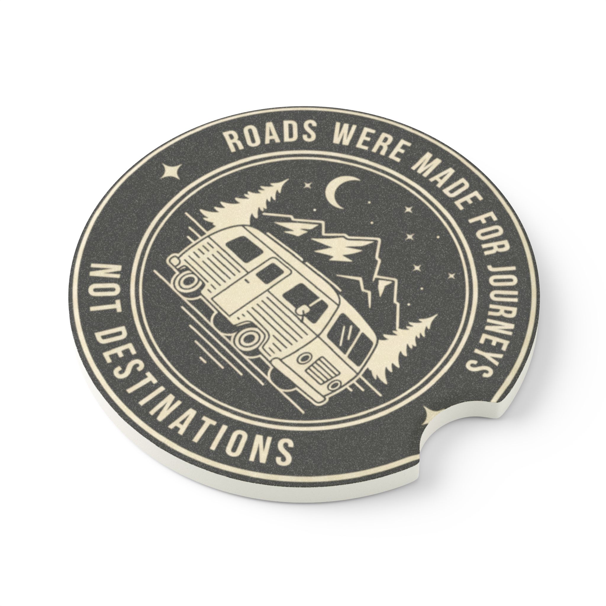 Soapstone Car Coaster — "Roads Were Made For Journeys" Van & Mountains Design