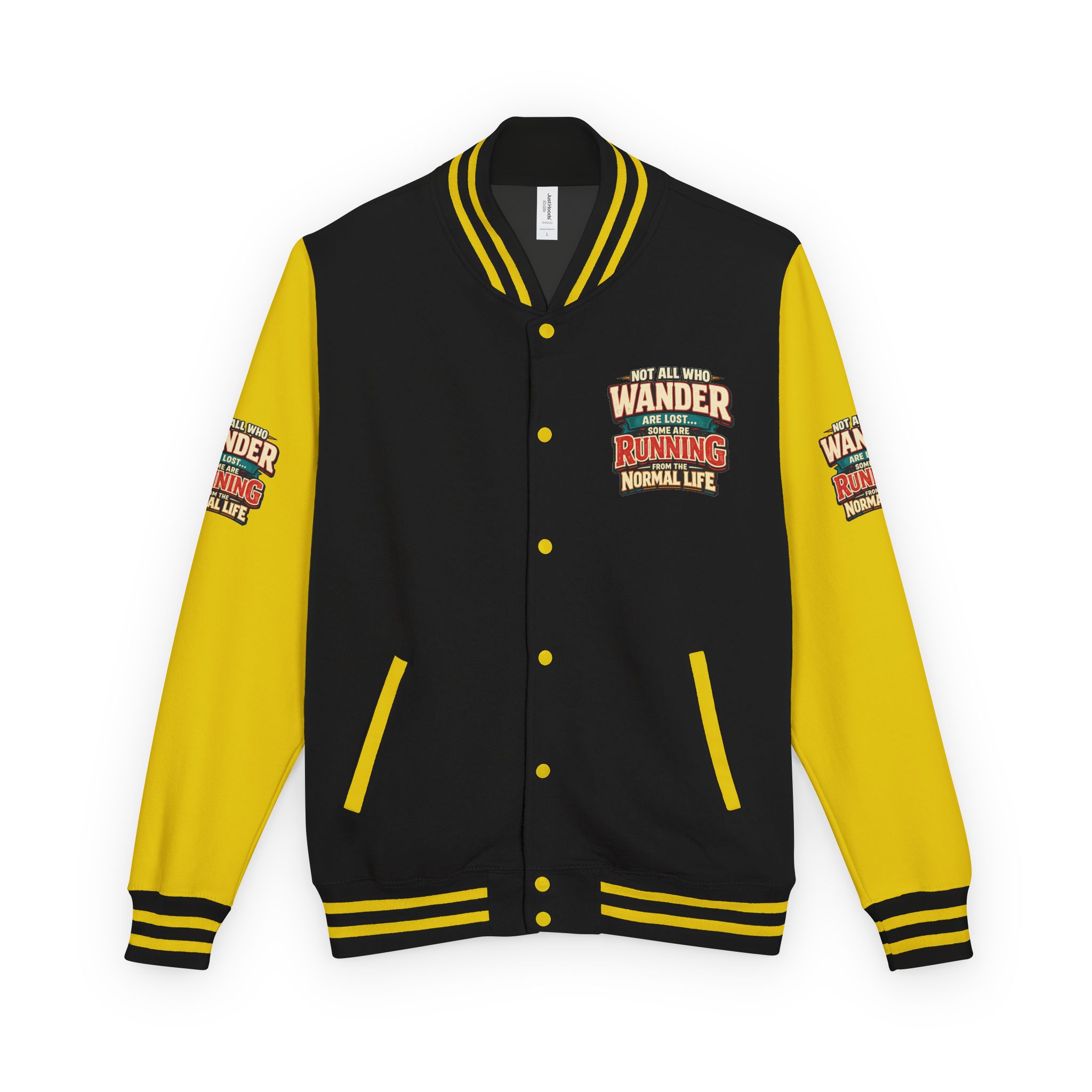 Unisex Heavyweight Letterman Jacket — "Not All Who Wander Are Lost" Design F**K-Line