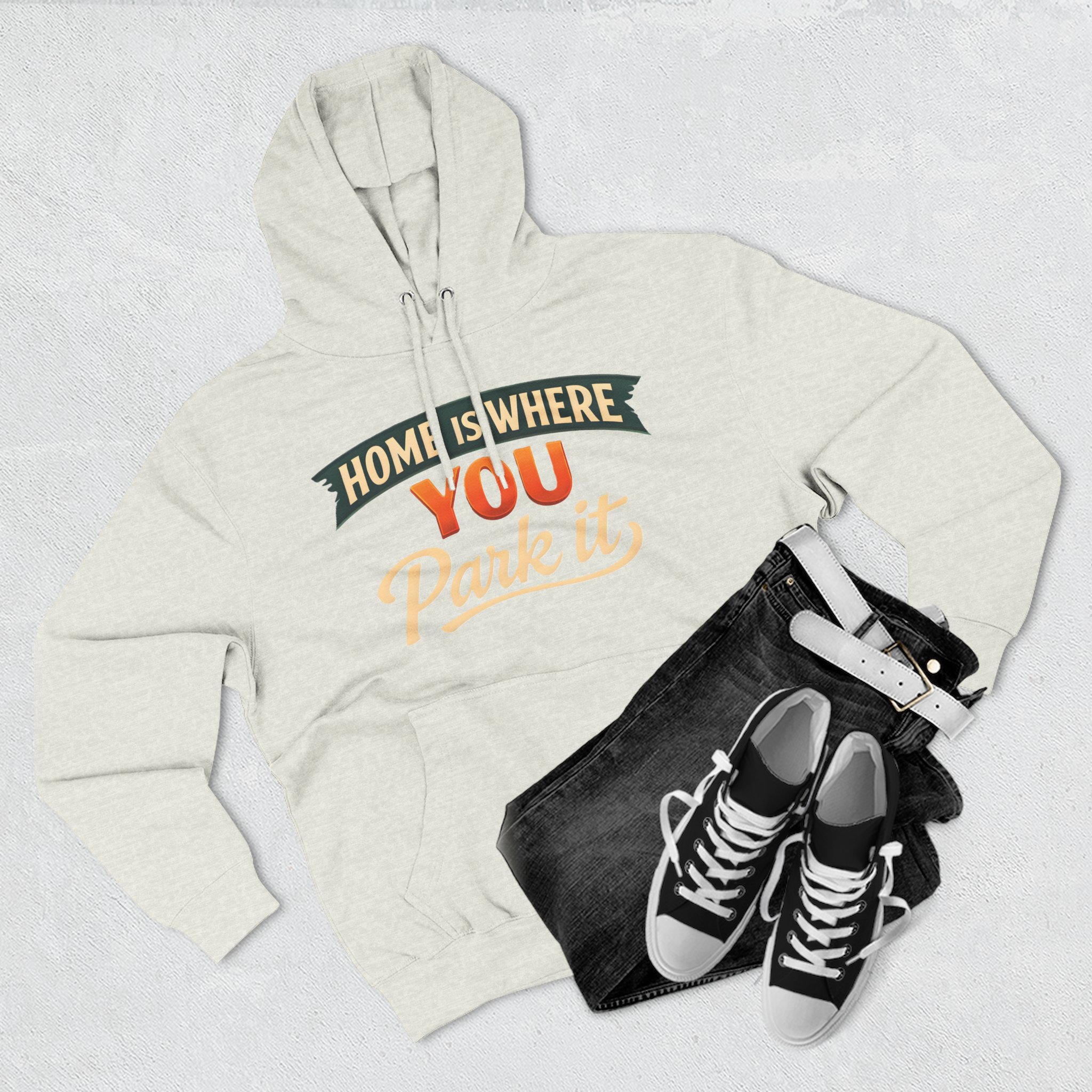 5742301958649804548_2048.jpeg Three-Panel Fleece Hoodie - "Home Is Where You Park It" Design Scenic-Line