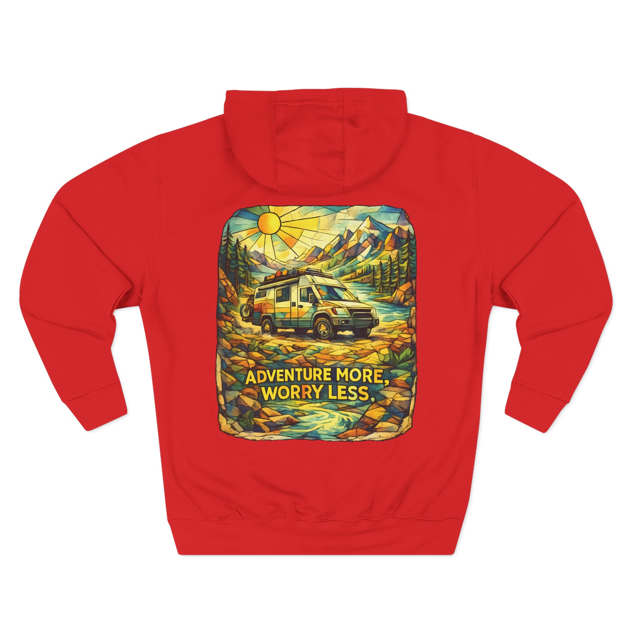 Three-Panel Fleece Hoodie - "Adventure More Worry Less" Design Cubic-Line