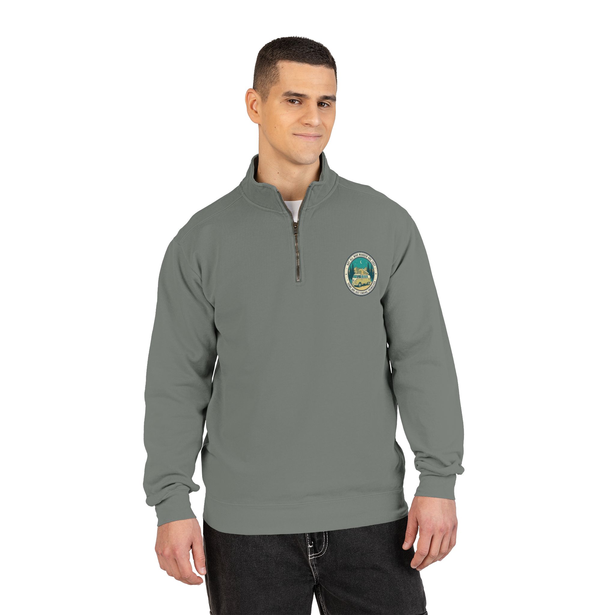 Quarter-Zip Sweatshirt(Comfort Colors®) — "Not All Who Wander Are Lost" Retro Camper Pullover
