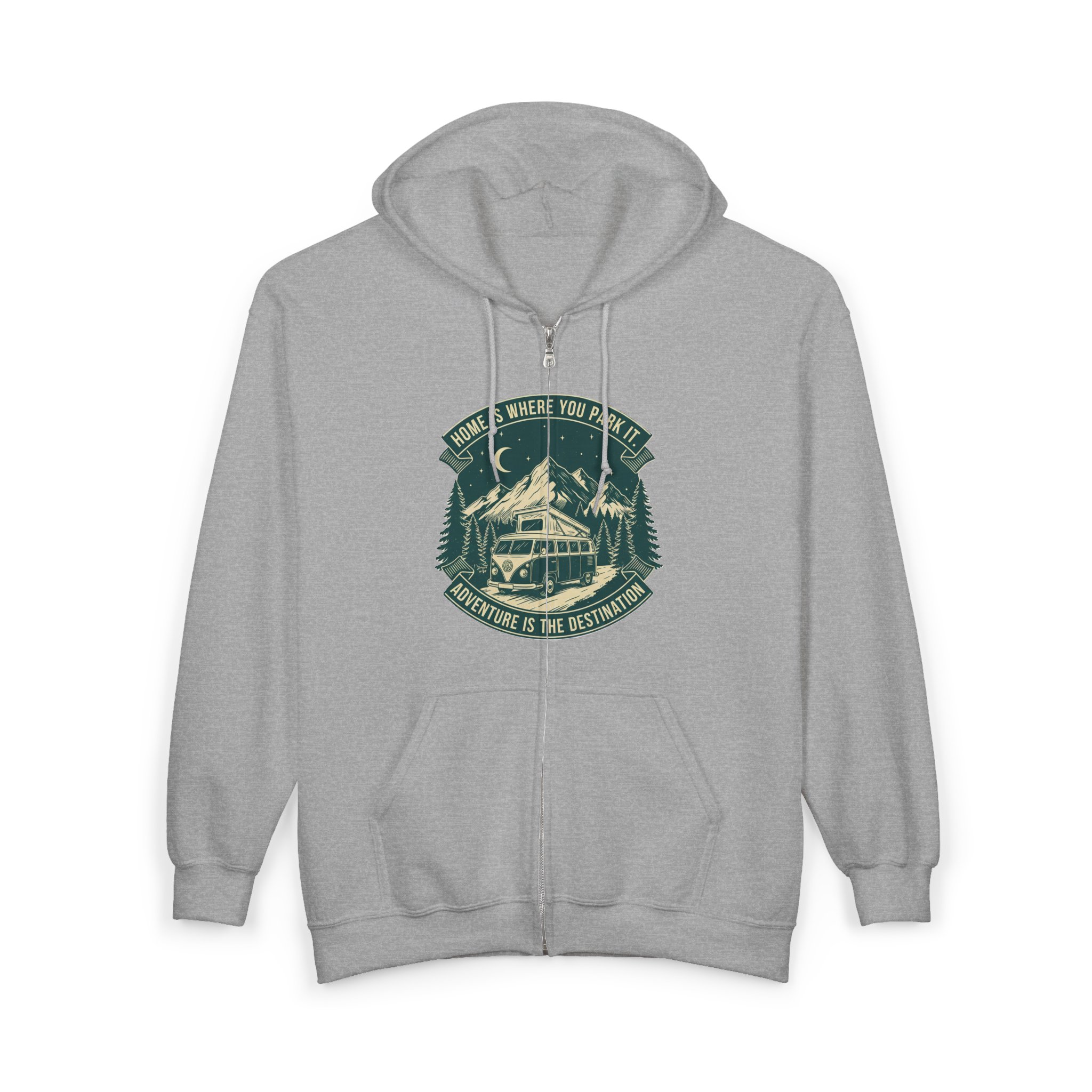 Zip Hoodie — "Home Is Where You Park It-Adventure is the destination"(Only Front Printed) Camper Van Adventure Zip-Up