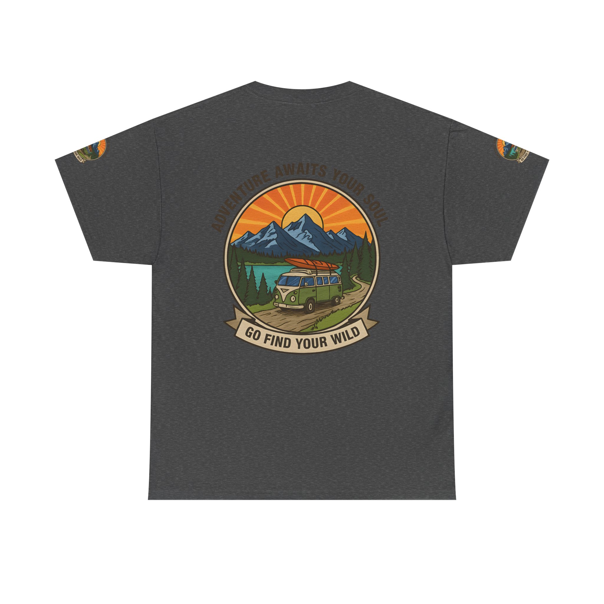 Unisex Heavy Cotton Tee — “Adventure Awaits Your Soul: Go Find Your Wild” Van & Mountain Graphic