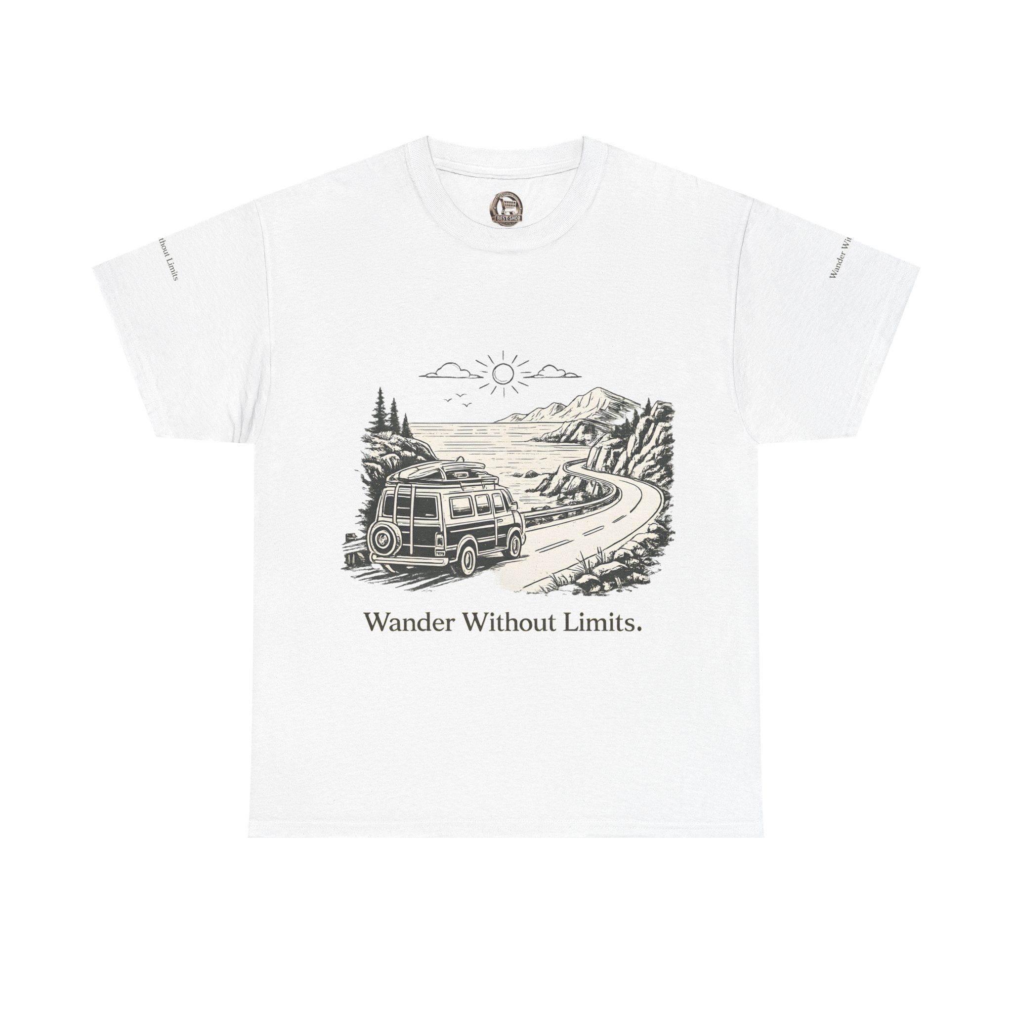 Unisex Heavy Cotton Tee — "Wander Without Limits" Design Minimal-Line