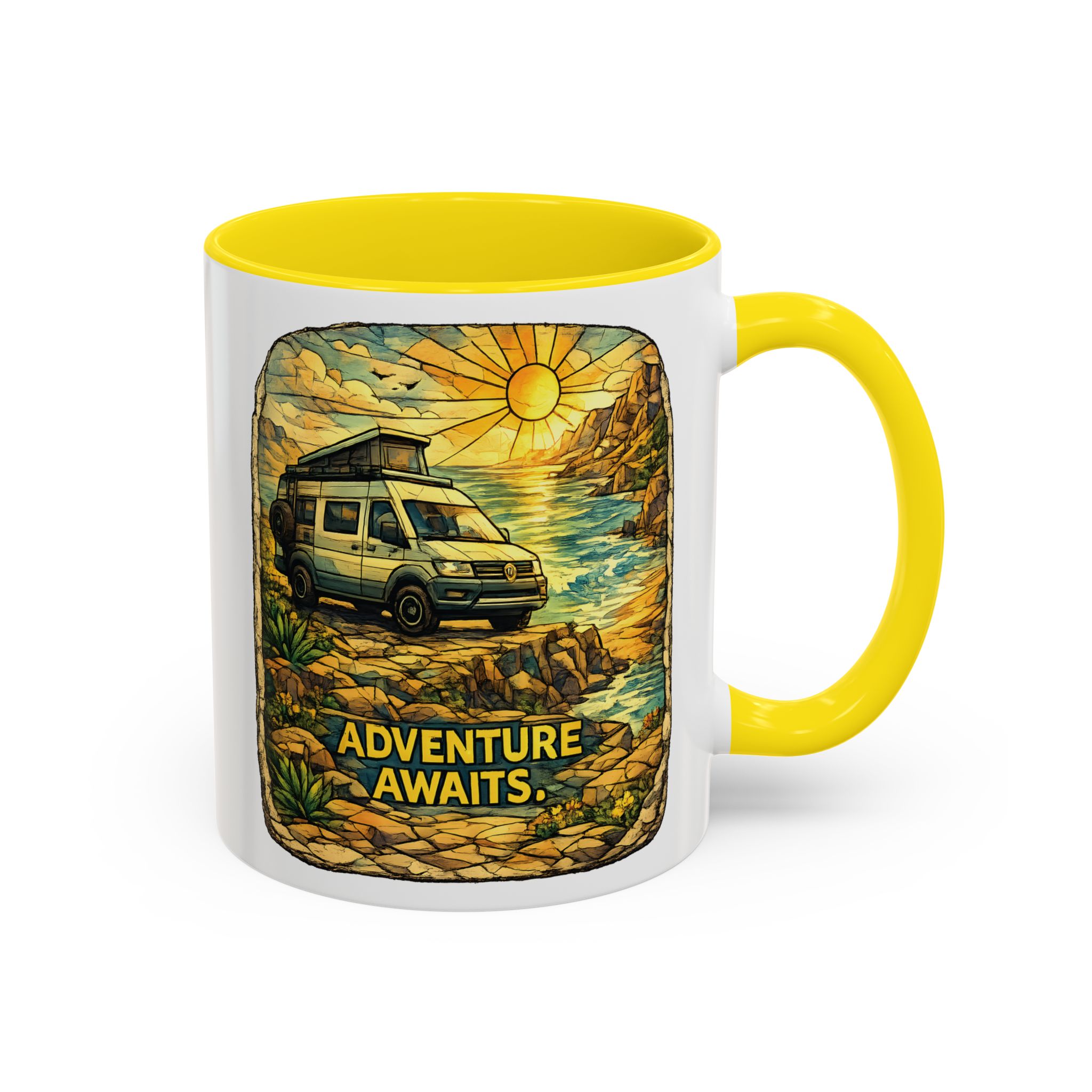 Accent Coffee Mug (11, 15oz) — "Adventure Awaits" Design Cubic-Line