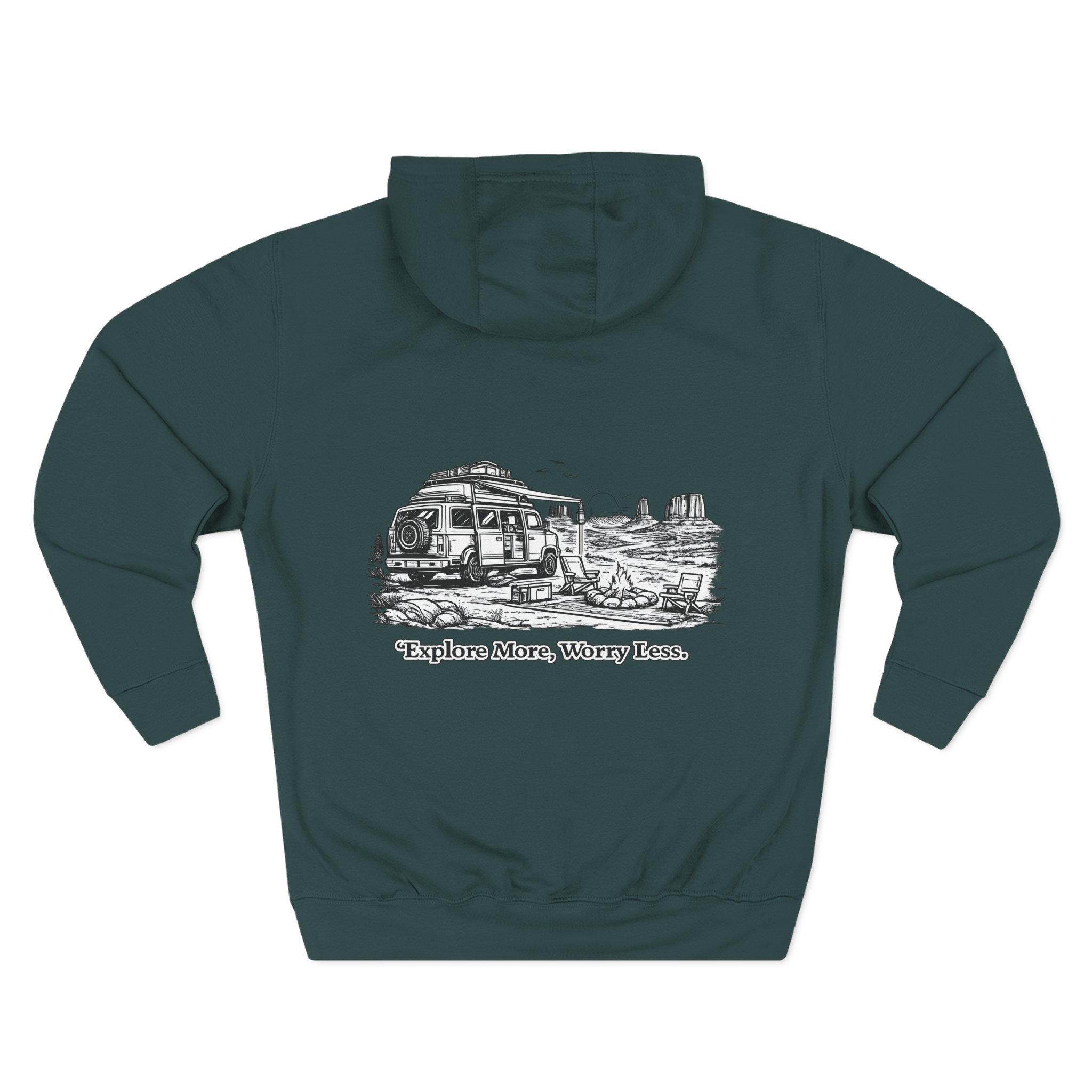 Three-Panel Fleece Hoodie - "Explore More Worry Less" Design Minimal-Line