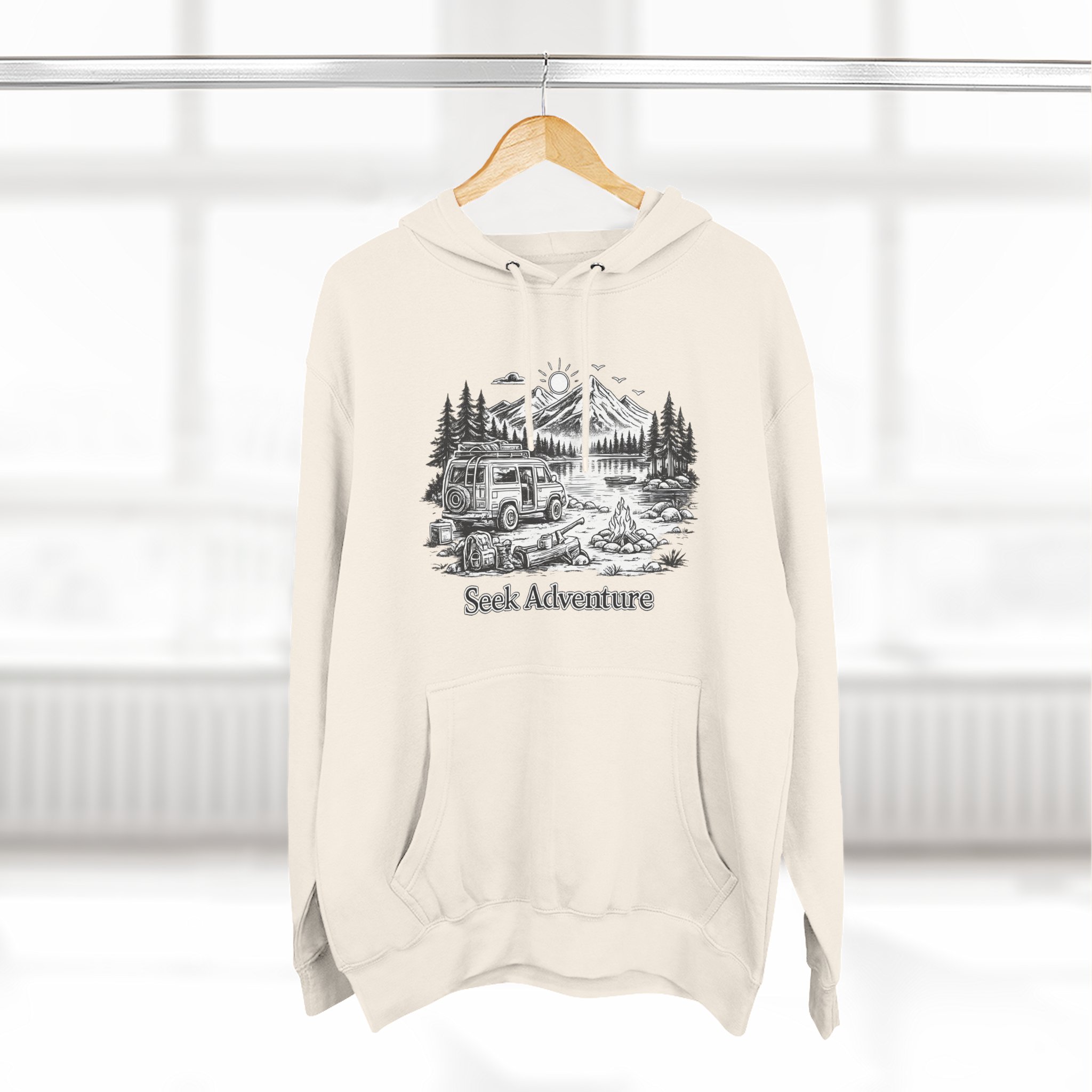 Three-Panel Fleece Hoodie - "Seek Adventure" Design Minimal-Line