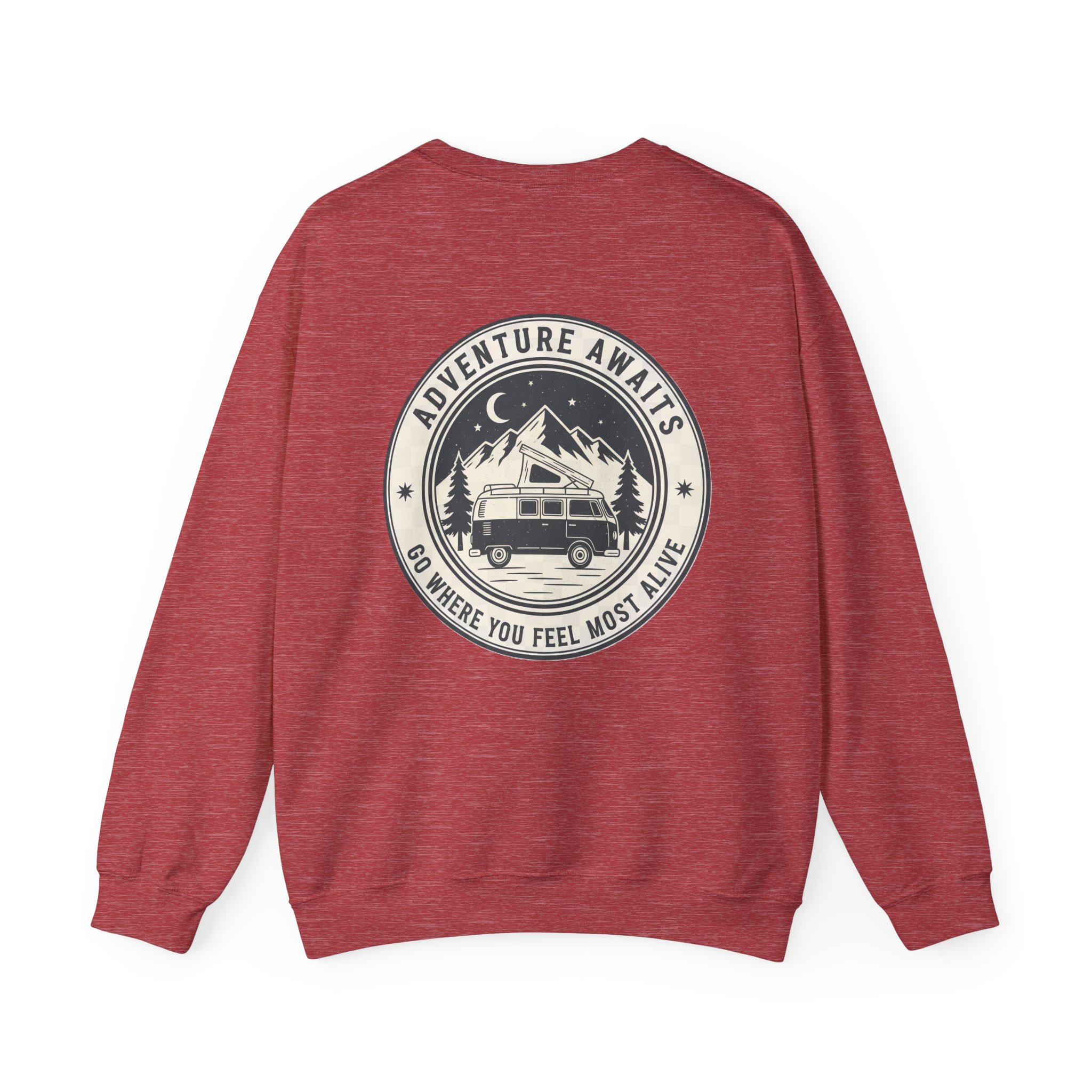 5787738882748415590_2048.jpeg Crewneck Sweatshirt — "Adventure Awaits-Go Where You Feel Most Alive" (Only Back printed) Vintage Camper Van Outdoor Graphic