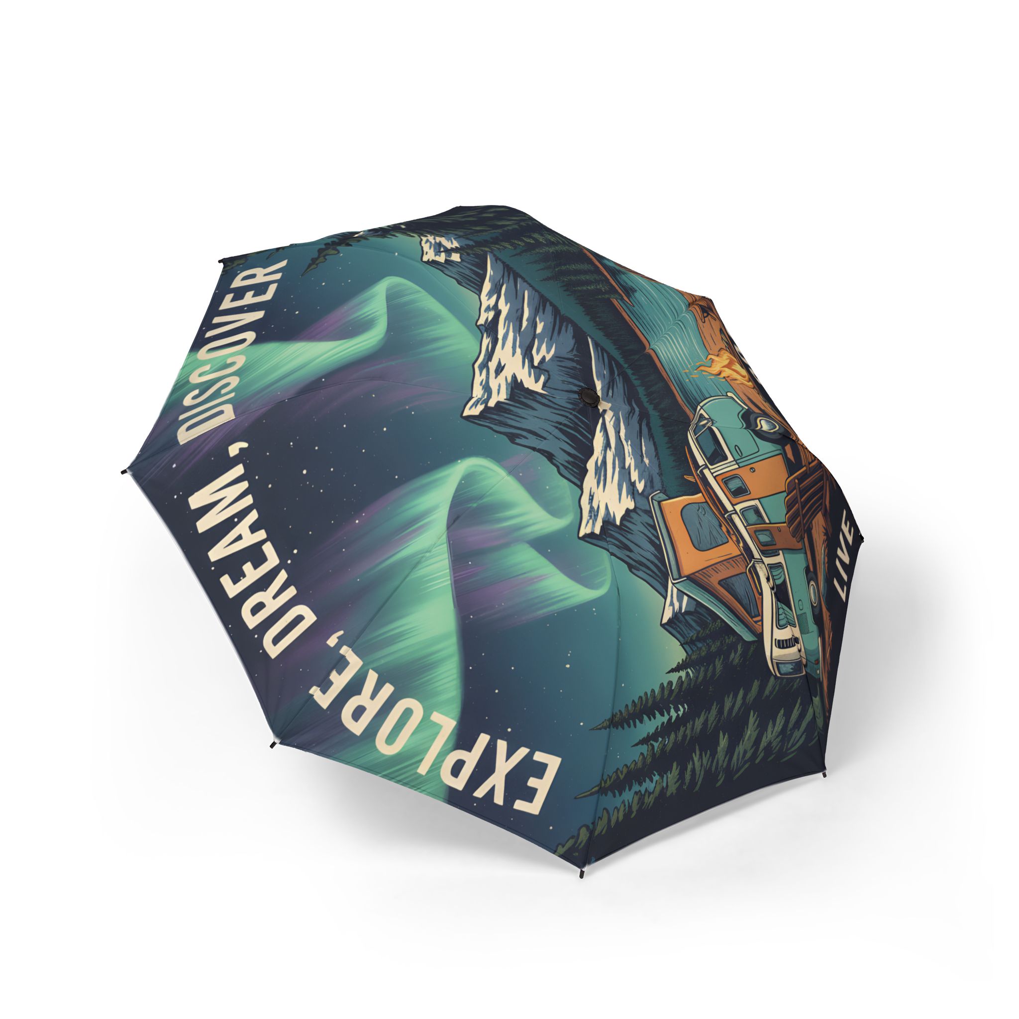 Semi-Automatic Foldable Umbrella — "Explore Dream Discover" Vintage Adventure Print