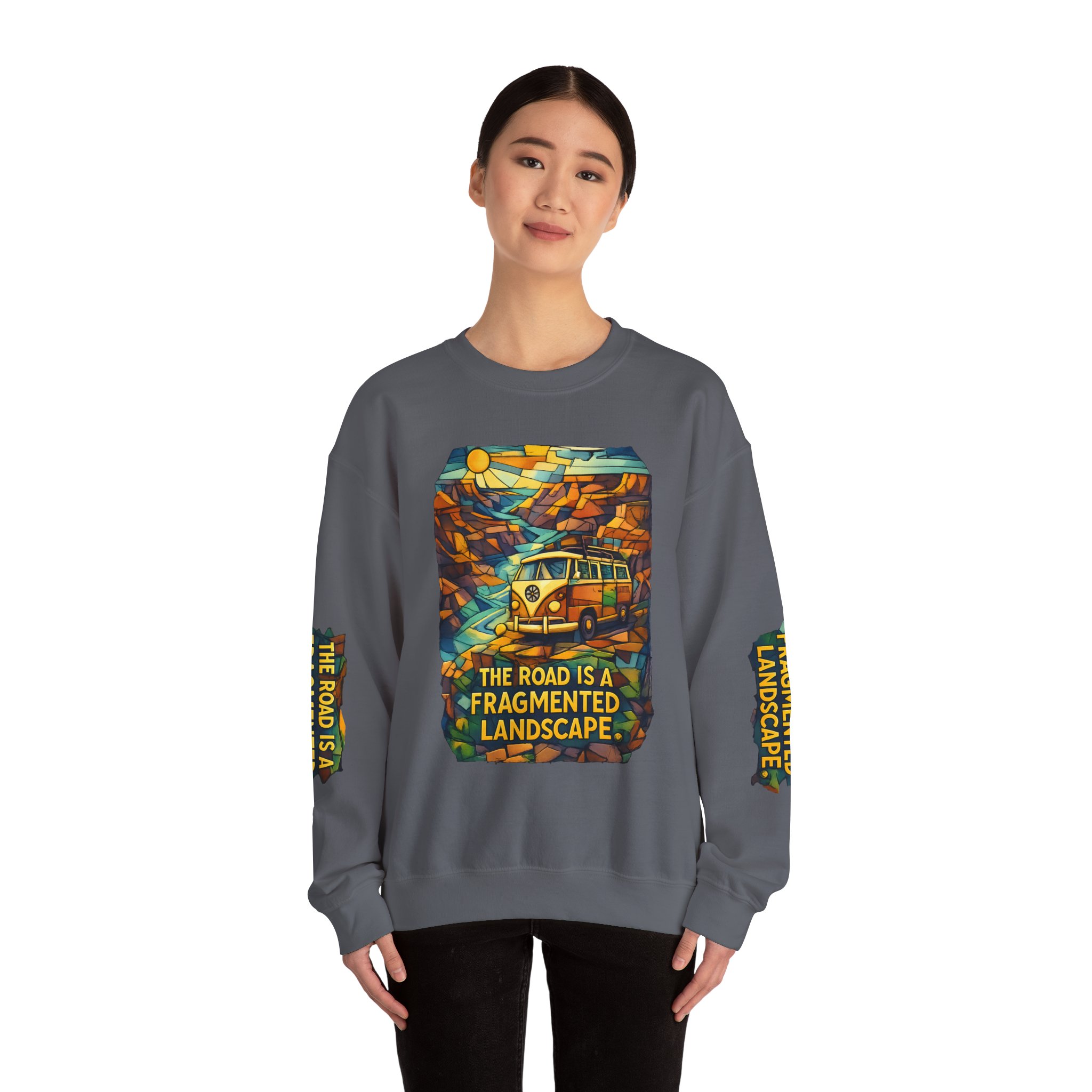 Unisex Heavy Blend™ Crewneck Sweatshirt — "The Road Is A Fragmented Landscape" Design Cubic-Line