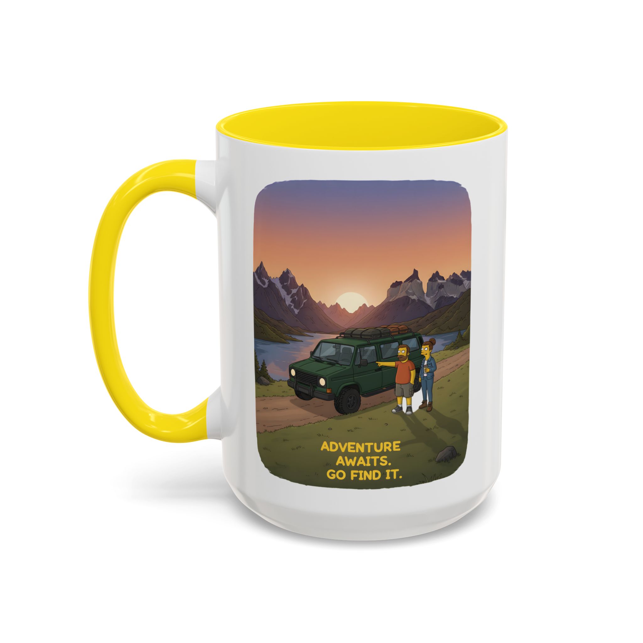 Accent Coffee Mug (11, 15oz) — "Adventure Awaits-Go Find It" Design Sitcom-Line