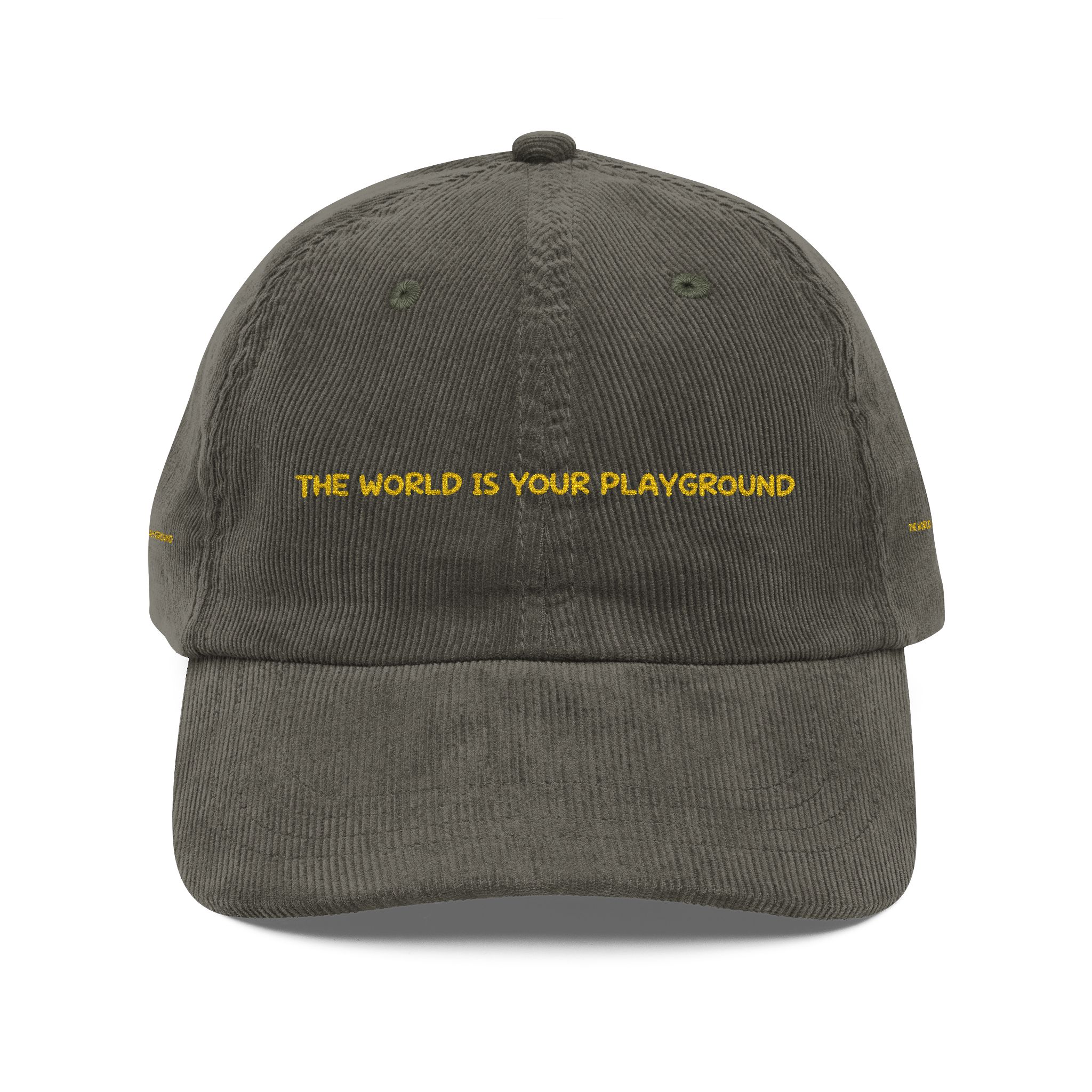 Vintage Corduroy Cap (Embroidery) — "The World Is Your Playground" Embroidered Hat