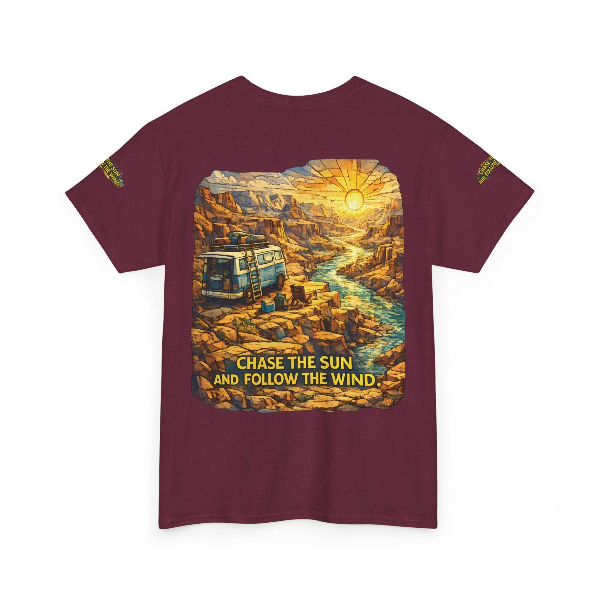 5836997667333719257_2048.jpeg Unisex Heavy Cotton Tee — "Chase The Sun And Follow The Wind" Design Cubic-Line
